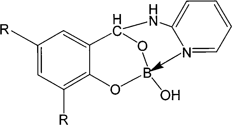 Pyridine-2''amino-2'-hydroxybenzene methanol phenylcarbinol boric acid ester compound and synthetic method thereof