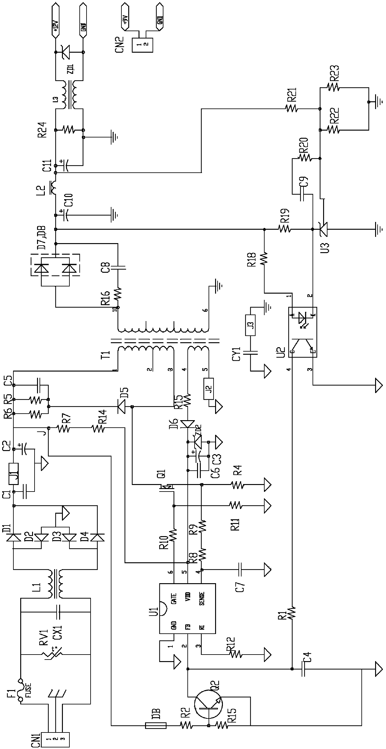 Low-cost alternating-current input overvoltage protection circuit and switching power supply