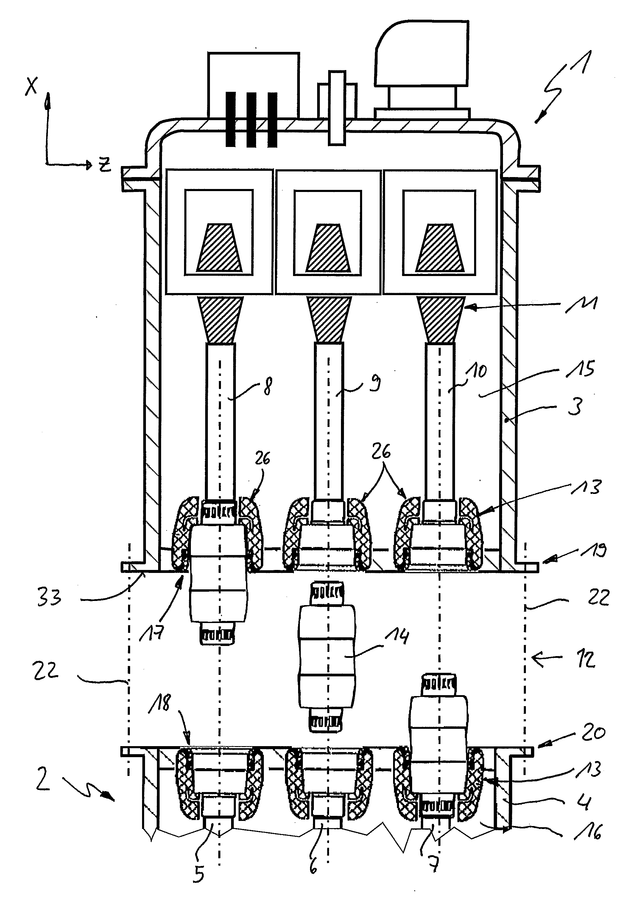 Plug-in primary power connections of two modules of a gas-insulated high-voltage switchgear assembly