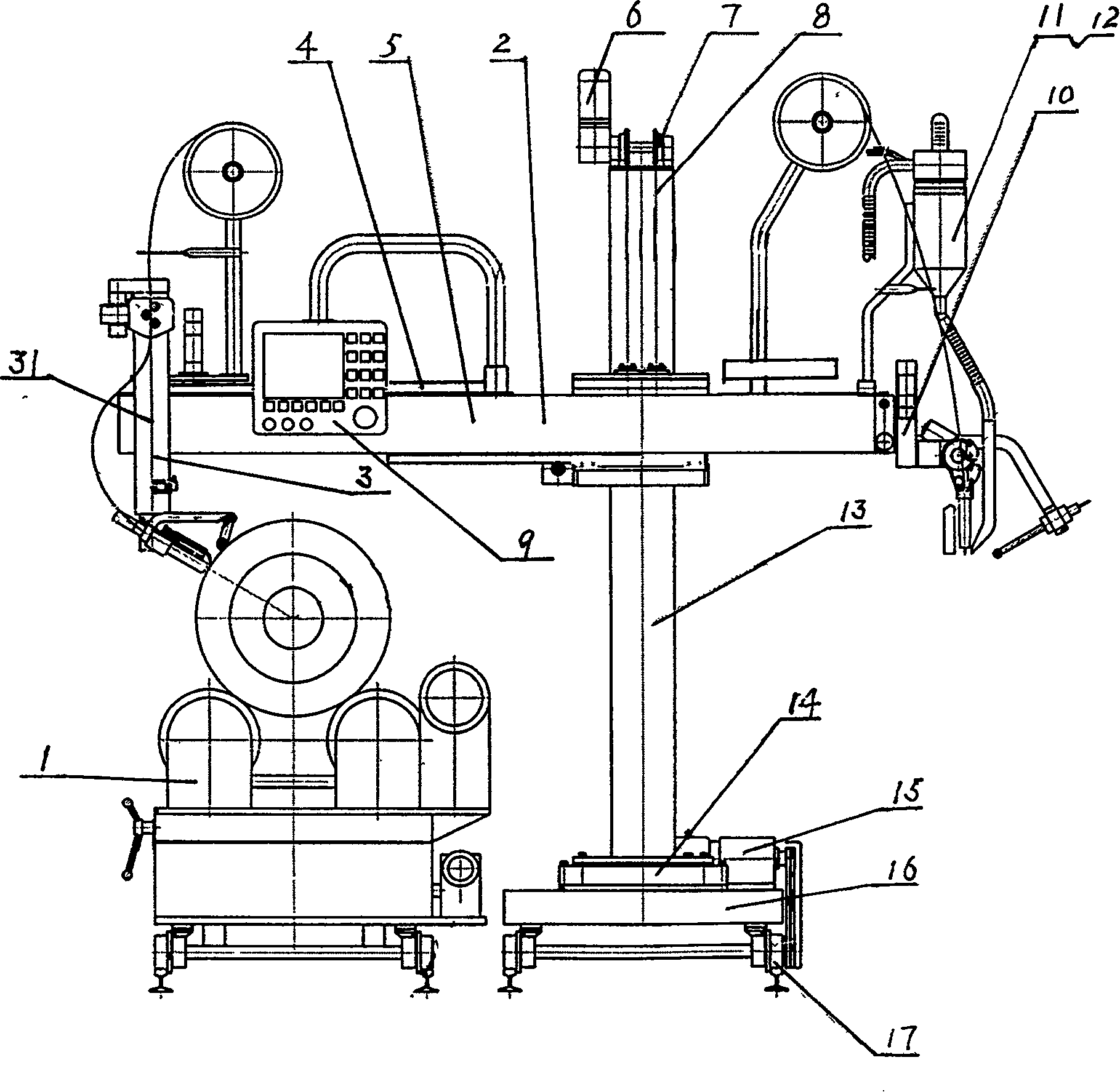 Process and device for automatic argon arc welding and narrow gap burial arc welding for circular pipe header seam