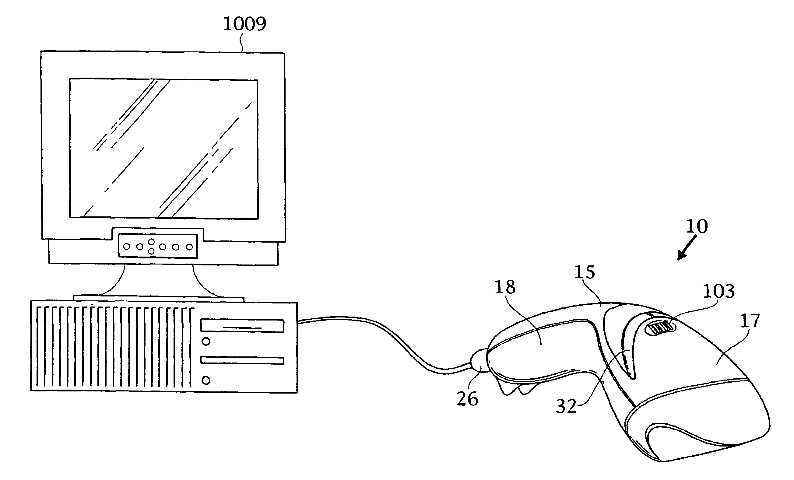 Hand-held compact ergonomic laser scanner with integrated scanner activation or data transmission switch in scanner housing