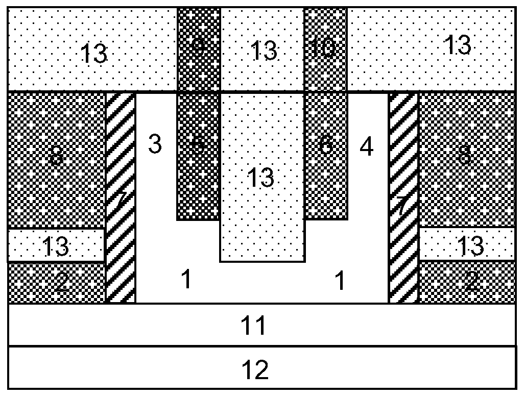Discrete double rectangular gate-controlled source-drain resistive switching transistor of double conductivity type and manufacturing method thereof