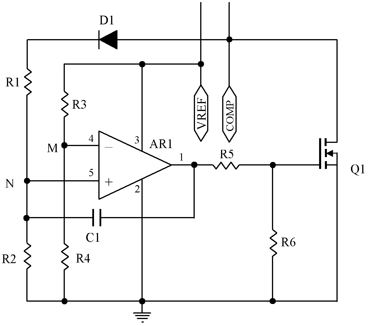 A switching power supply output short circuit protection circuit