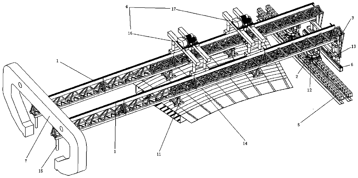 Small-curve-radius steel box girder bridge erecting machine and erecting construction method