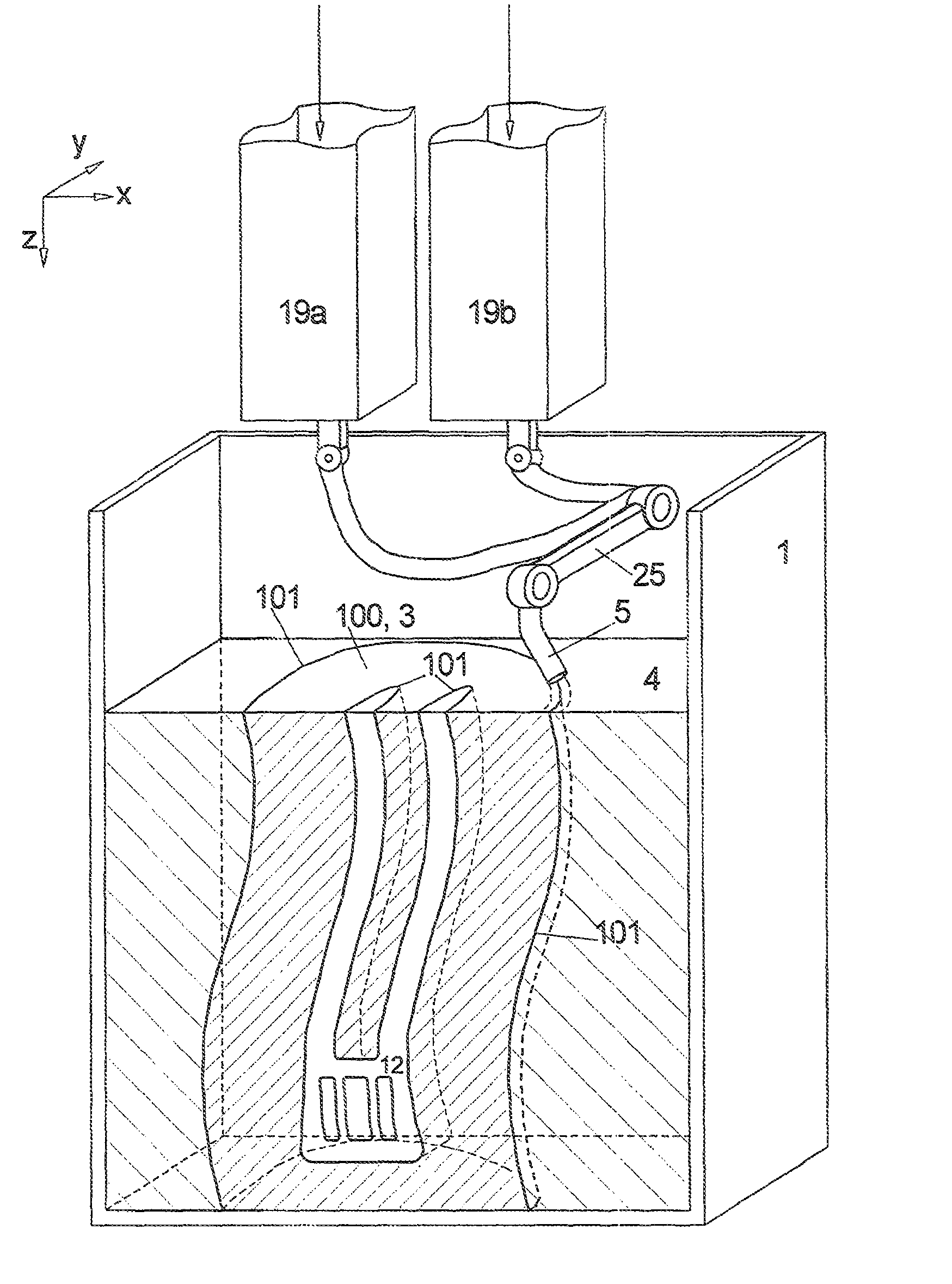 Method and device for layered buildup of a shaped element