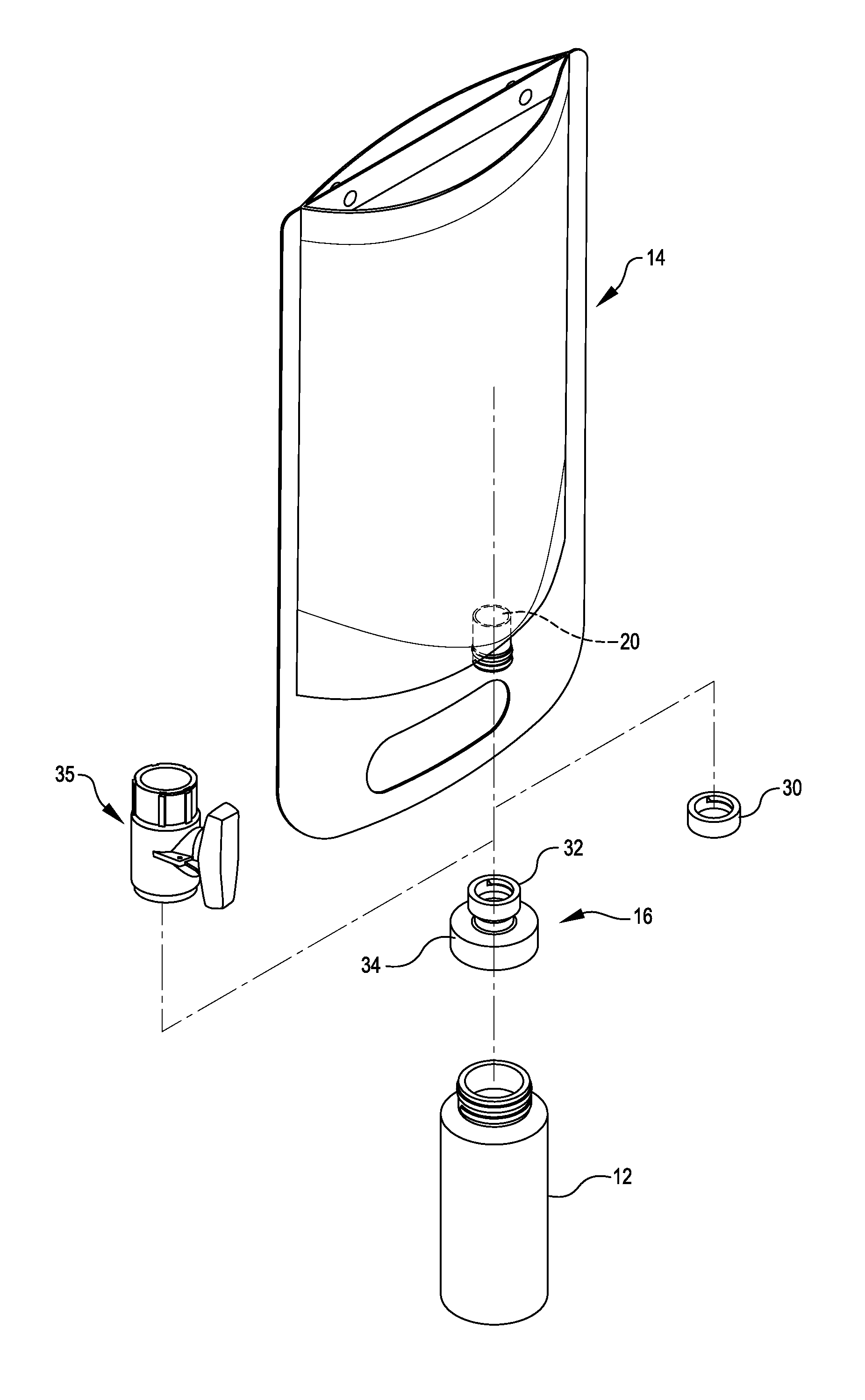 Adaptor for connecting a fluid package to a dispenser bottle