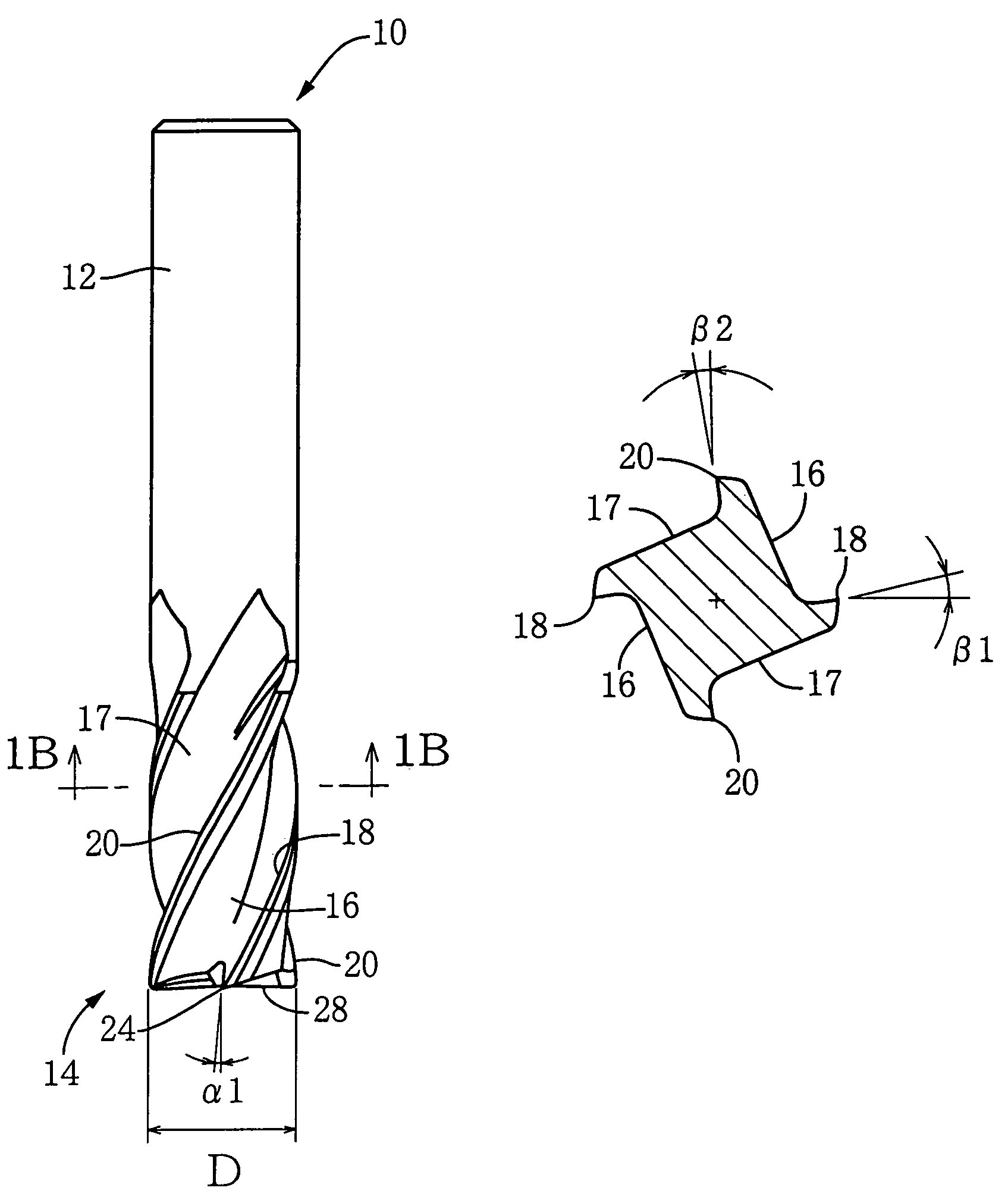 End mill having different axial rake angles and different radial rake angles