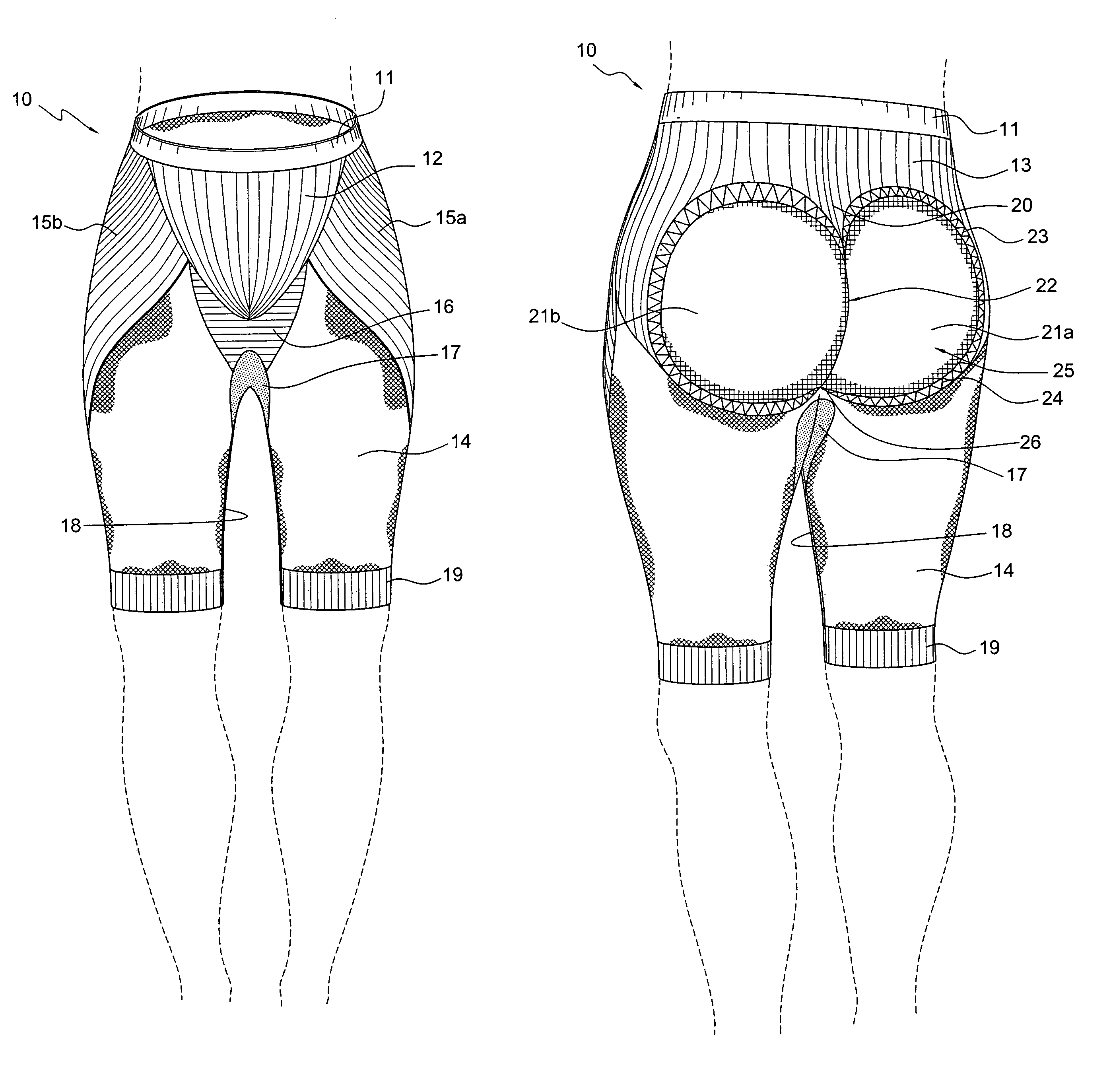 Circularly knit undergarment having knit-in support panels and derriere cup fullness