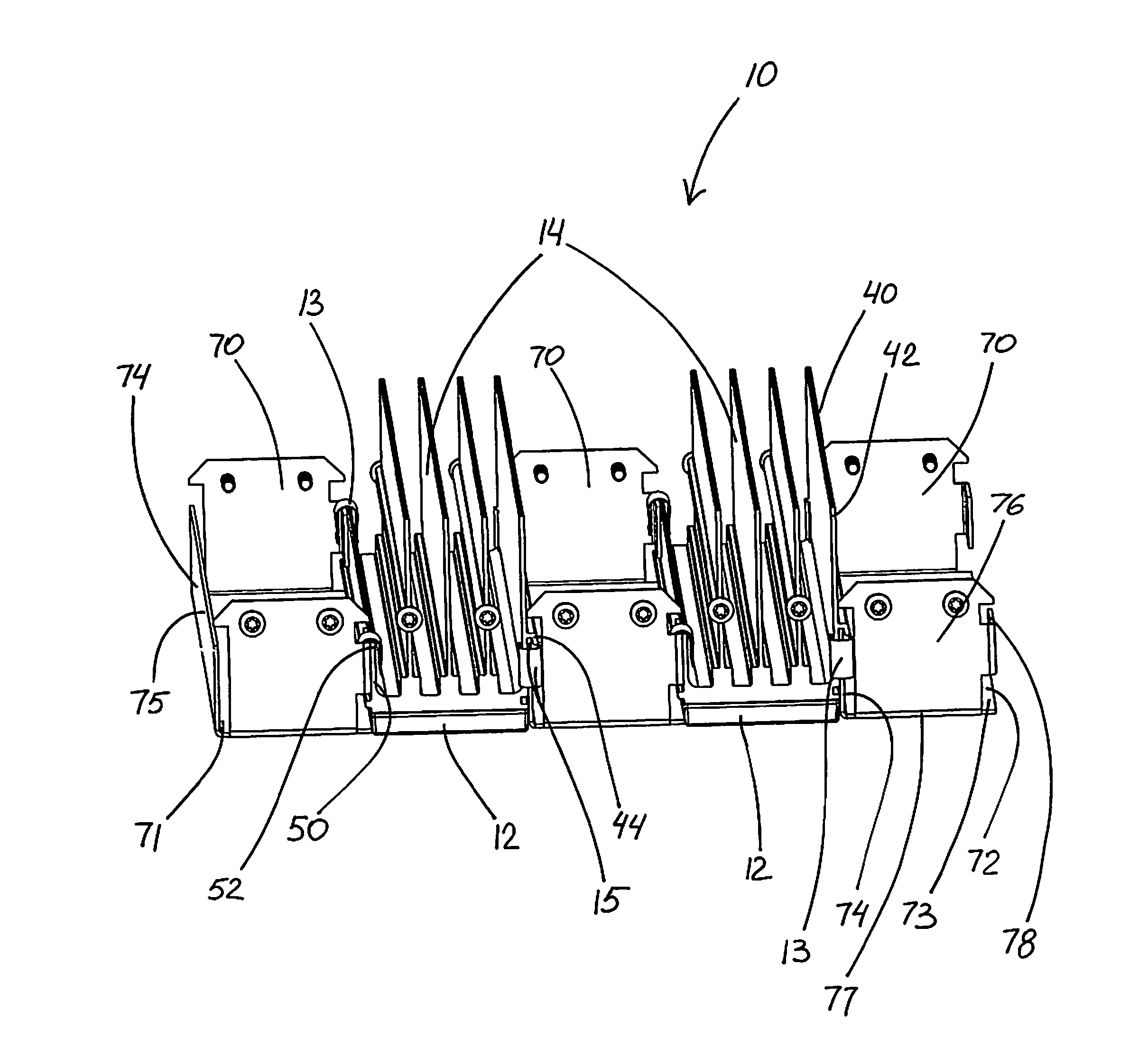 Modular LED unit incorporating interconnected heat sinks configured to mount and hold adjacent LED modules
