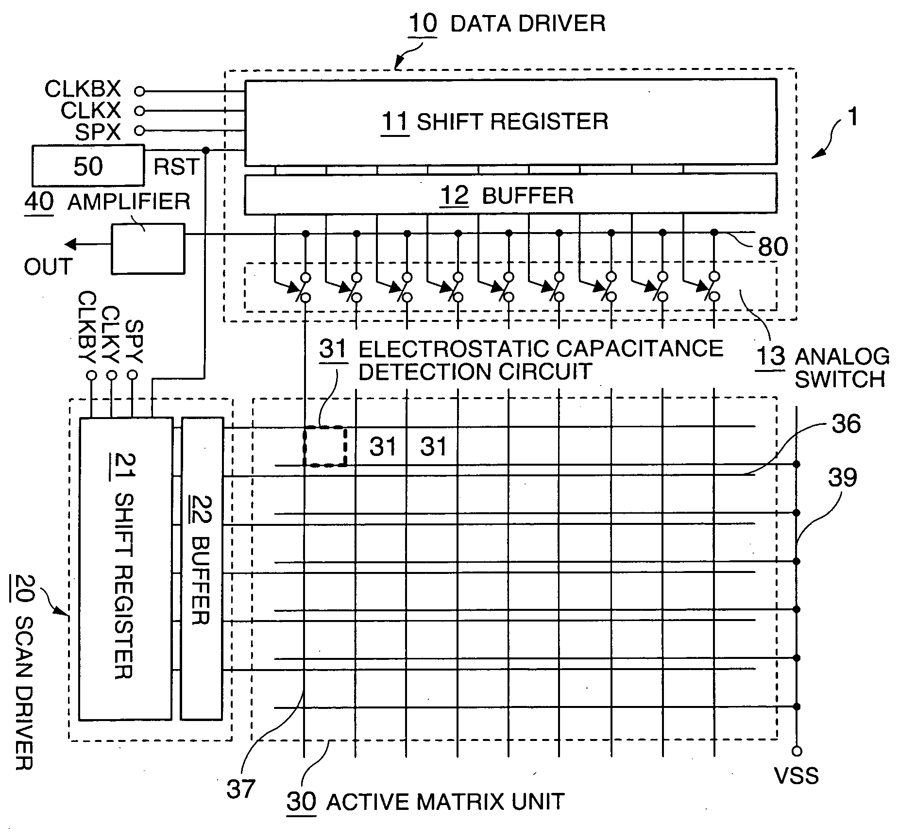 Active-matrix driving device, electrostatic capacitance detection device, and electronic equipment
