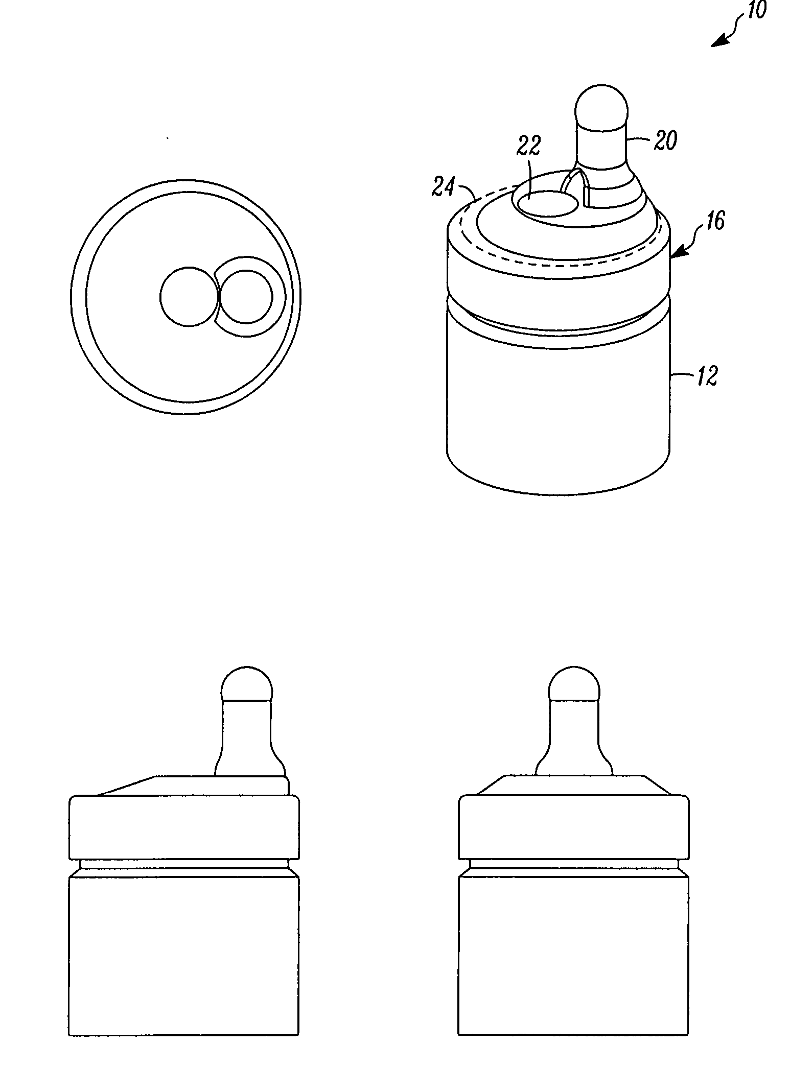 Ready to drink container with nipple and needle penetrable and laser resealable portion, and related method