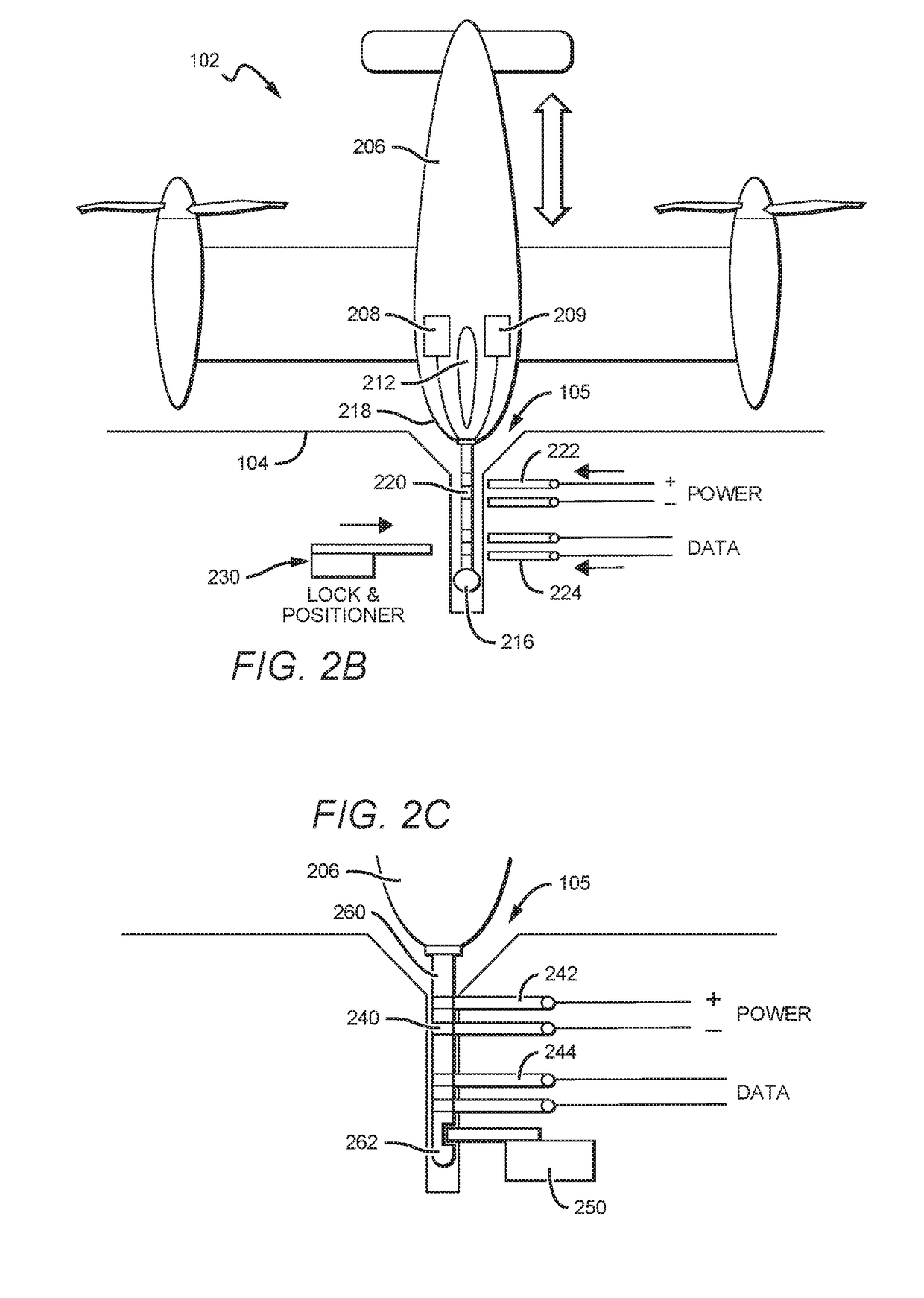 Power and communication interface for vertical take-off and landing (VTOL) unmanned aerial vehicles (UAVS)