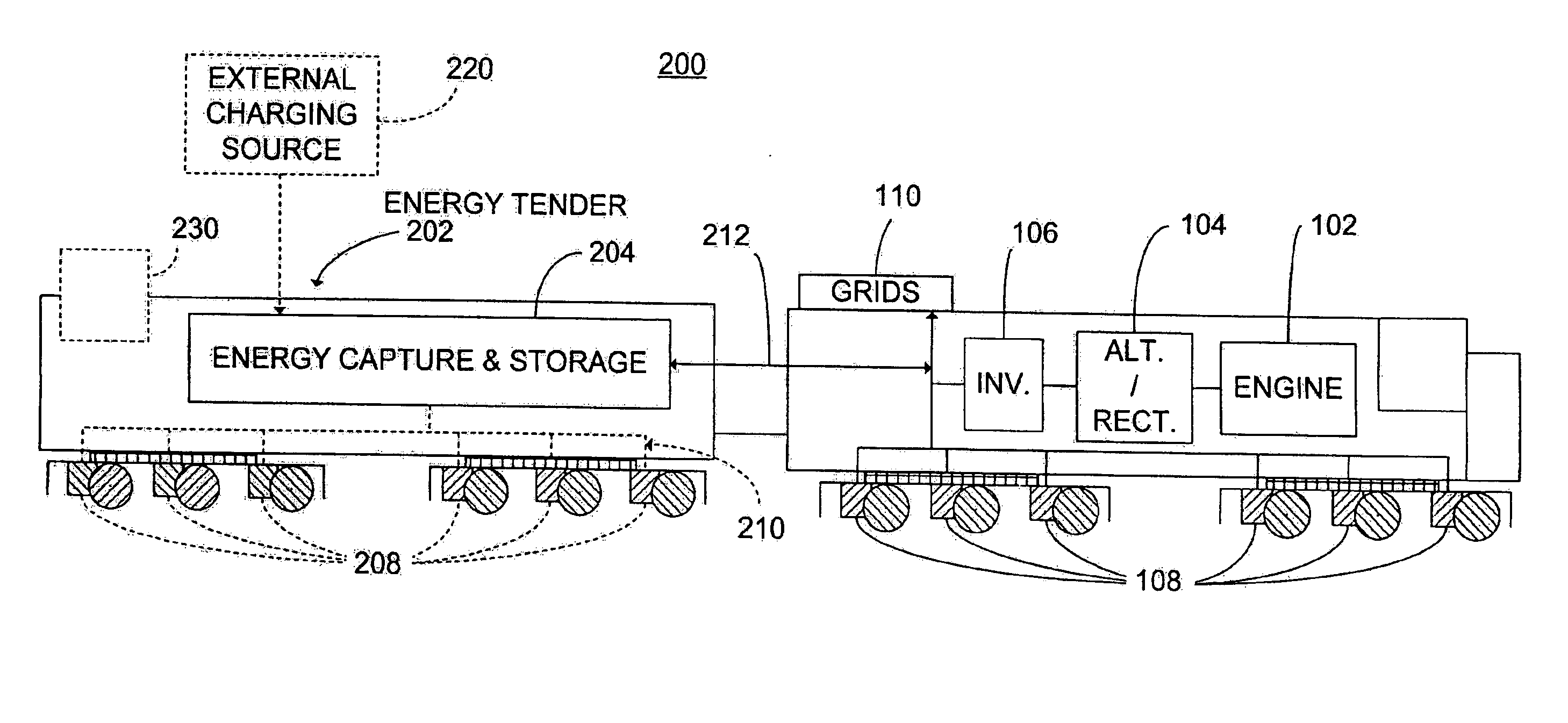 Railroad system comprising railroad vehicle with energy regeneration