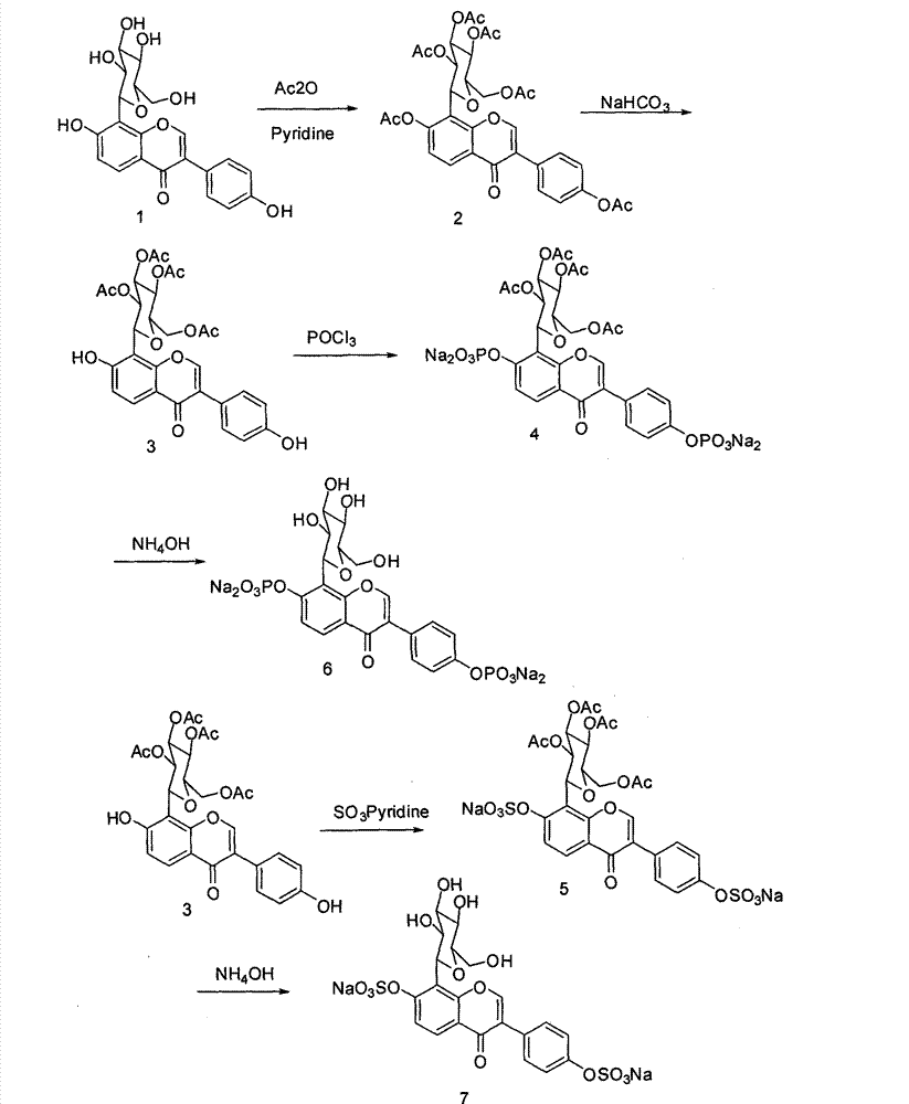 Water soluble puerarin derivatives and preparation method and application thereof