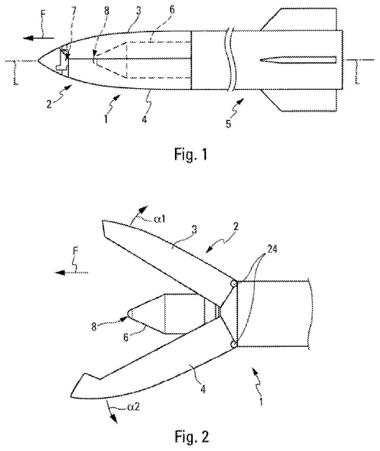 Actuation device for ejecting at least one removable part of a missile, particularly a nose