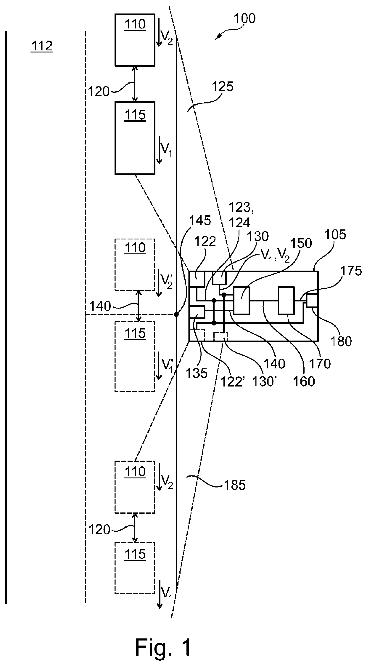 Method and device for detecting a traffic law violation due to the allowable distance between a following vehicle and a guide vehicle being undershot