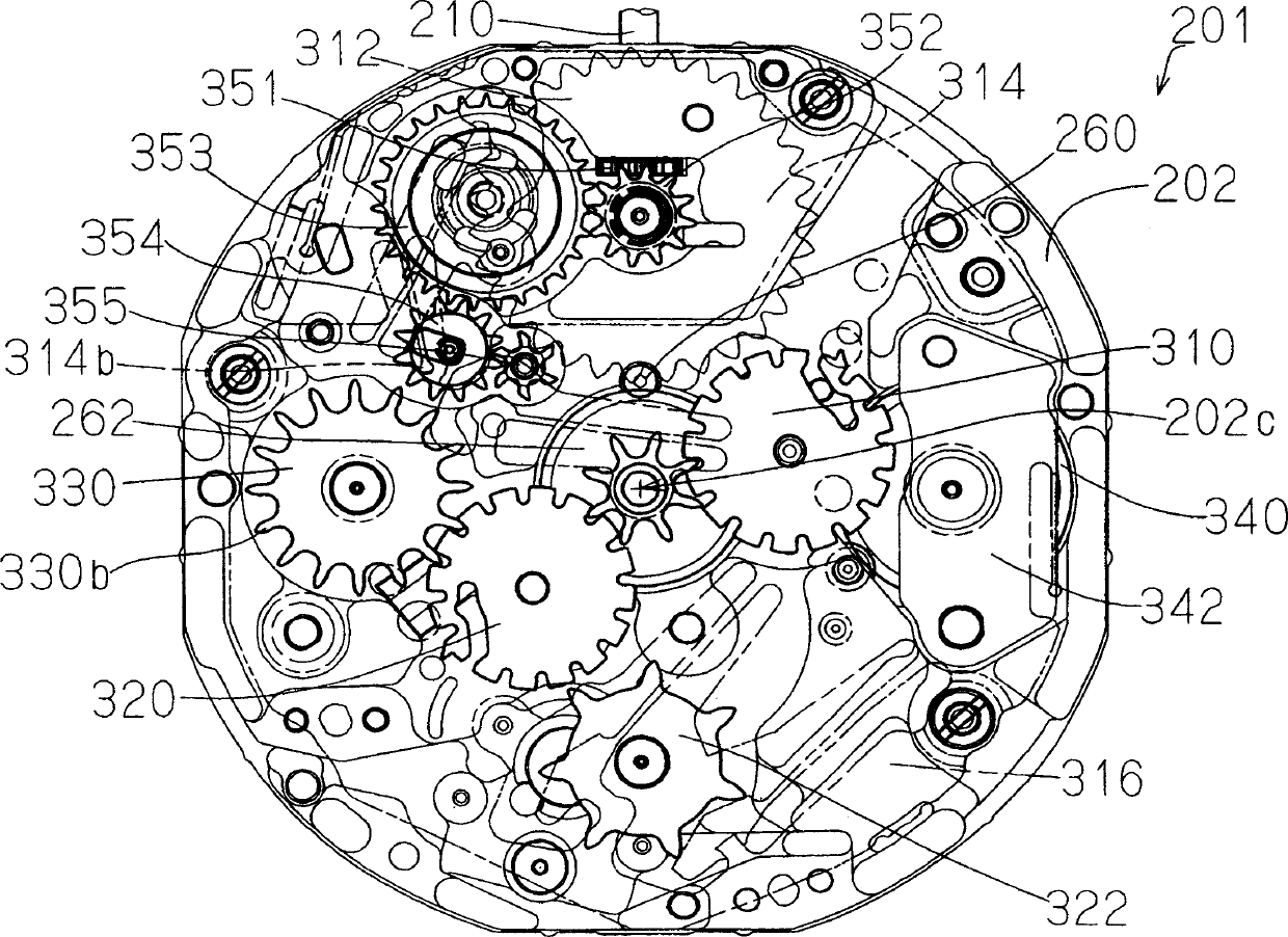 Multifunction timepiece capable of constituting plural fan shape moving hand train wheel layouts