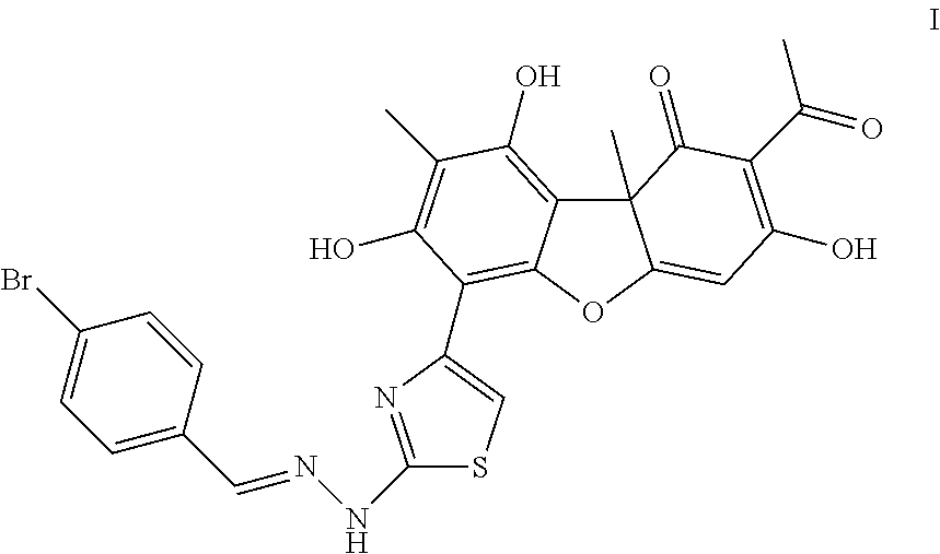 2-acetyl-6-(2-(2-(4-bromobenzylidene)hydrazinyl)thiazole-4-yl)-3,7,9-trihydroxy-8,9b-dimethyldibenzo[b,d]furan-1(9BH)-one exhibiting an inhibitory effect on human tyrosyl-dna-phosphodiesterase 1 enzyme