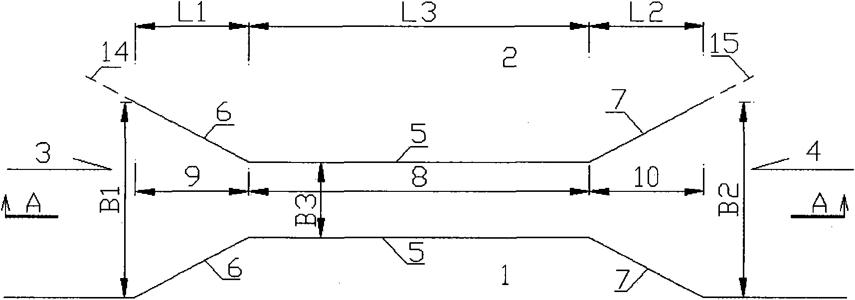 Strait deepwater tide channel formed by using bidirectional beam water effect