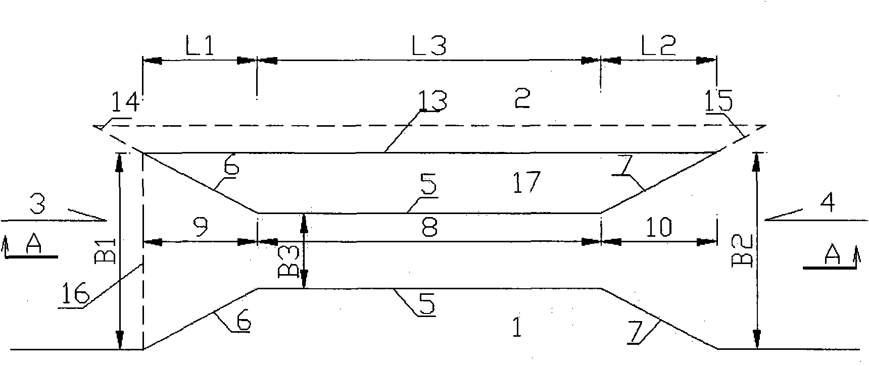 Strait deepwater tide channel formed by using bidirectional beam water effect