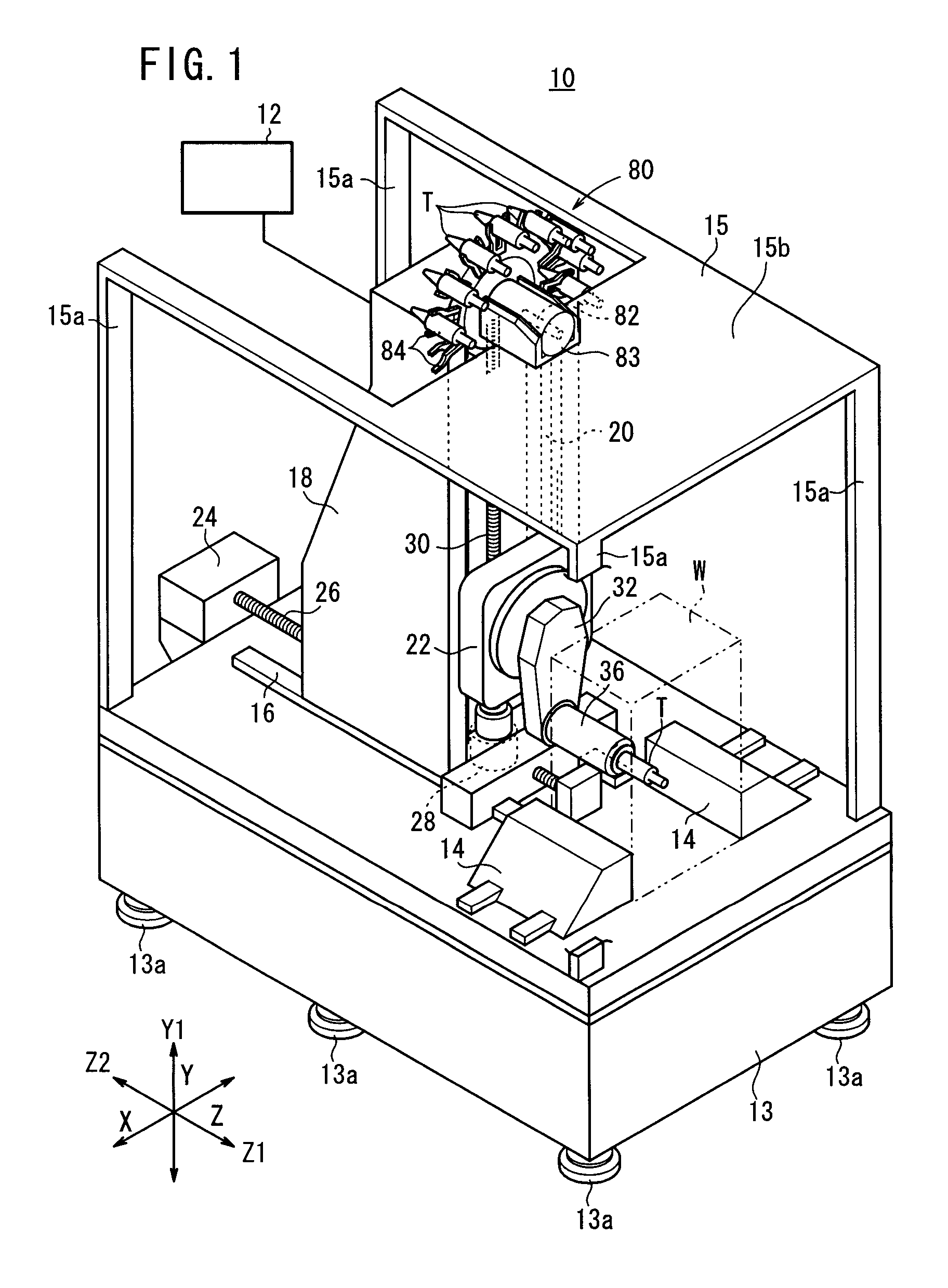 Machine tool including a Z-table and processing spindle rotatably supported on a rotation arm