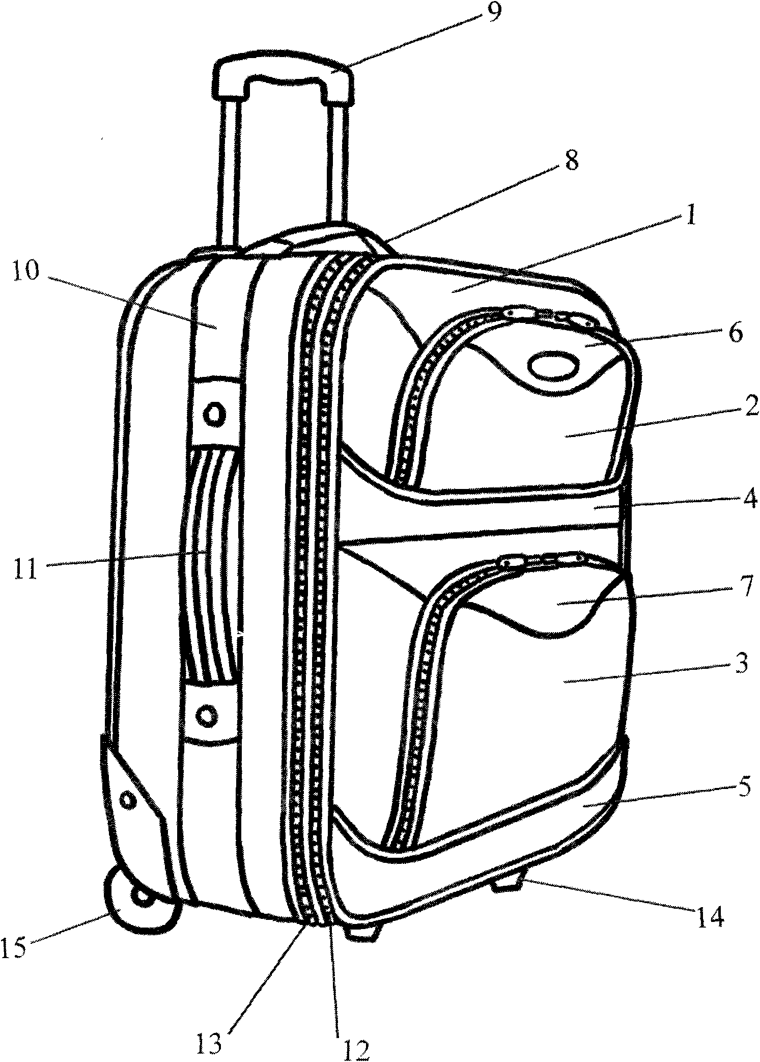 Pull-rod case with iron bar supporting feet and pocket supporting cloths