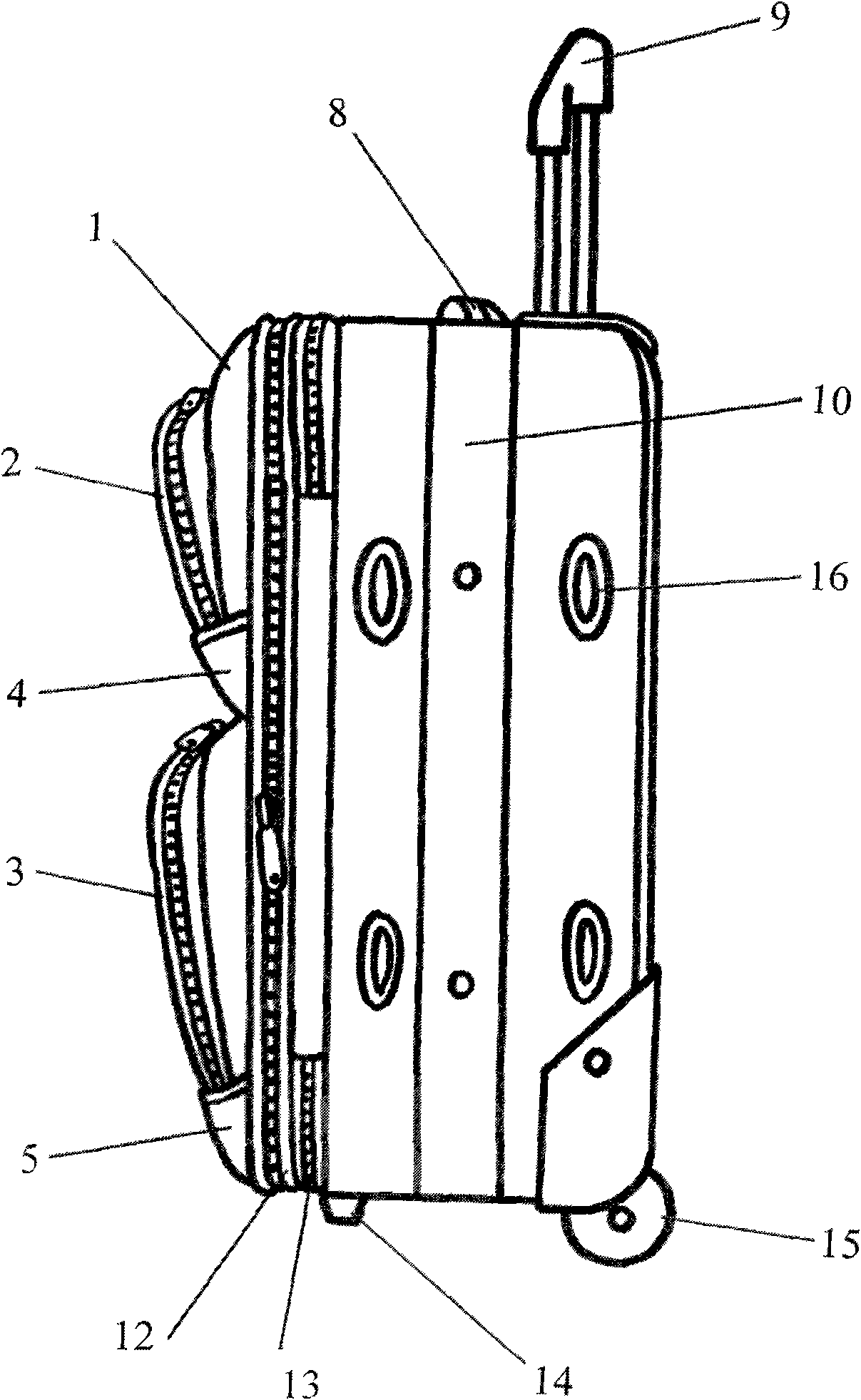 Pull-rod case with iron bar supporting feet and pocket supporting cloths