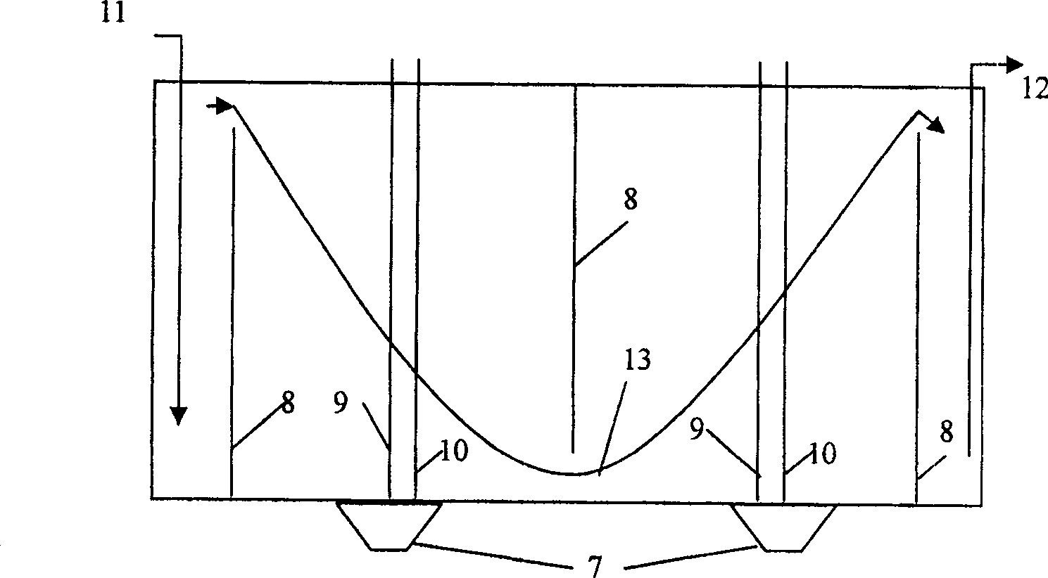 Ultrasonic-electrical catalyzing treatment azo dyes waste water processing device and reaction conditions