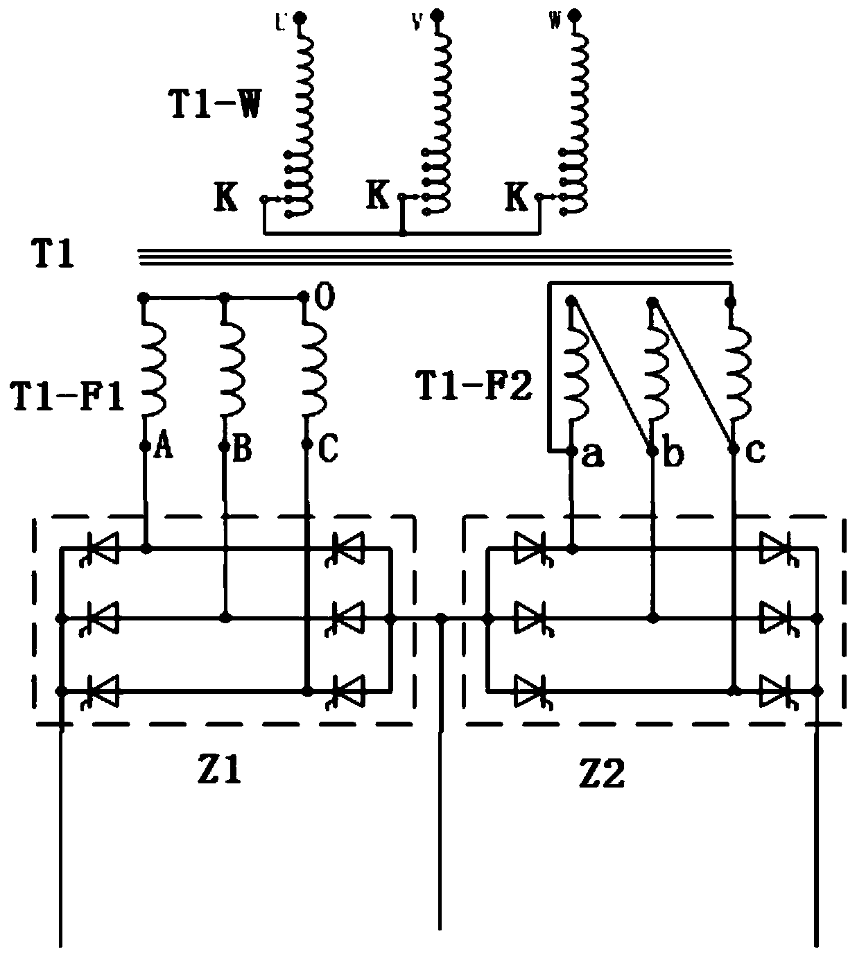 Single 12-pulse rectifier transformer and equivalent multi-phase rectifier unit formed by same
