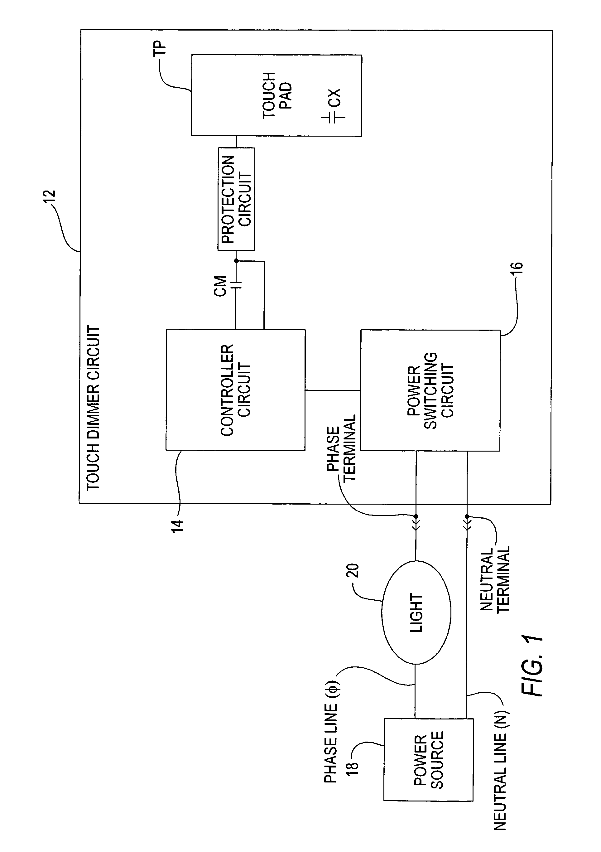 Capacitive sense toggle touch dimmer