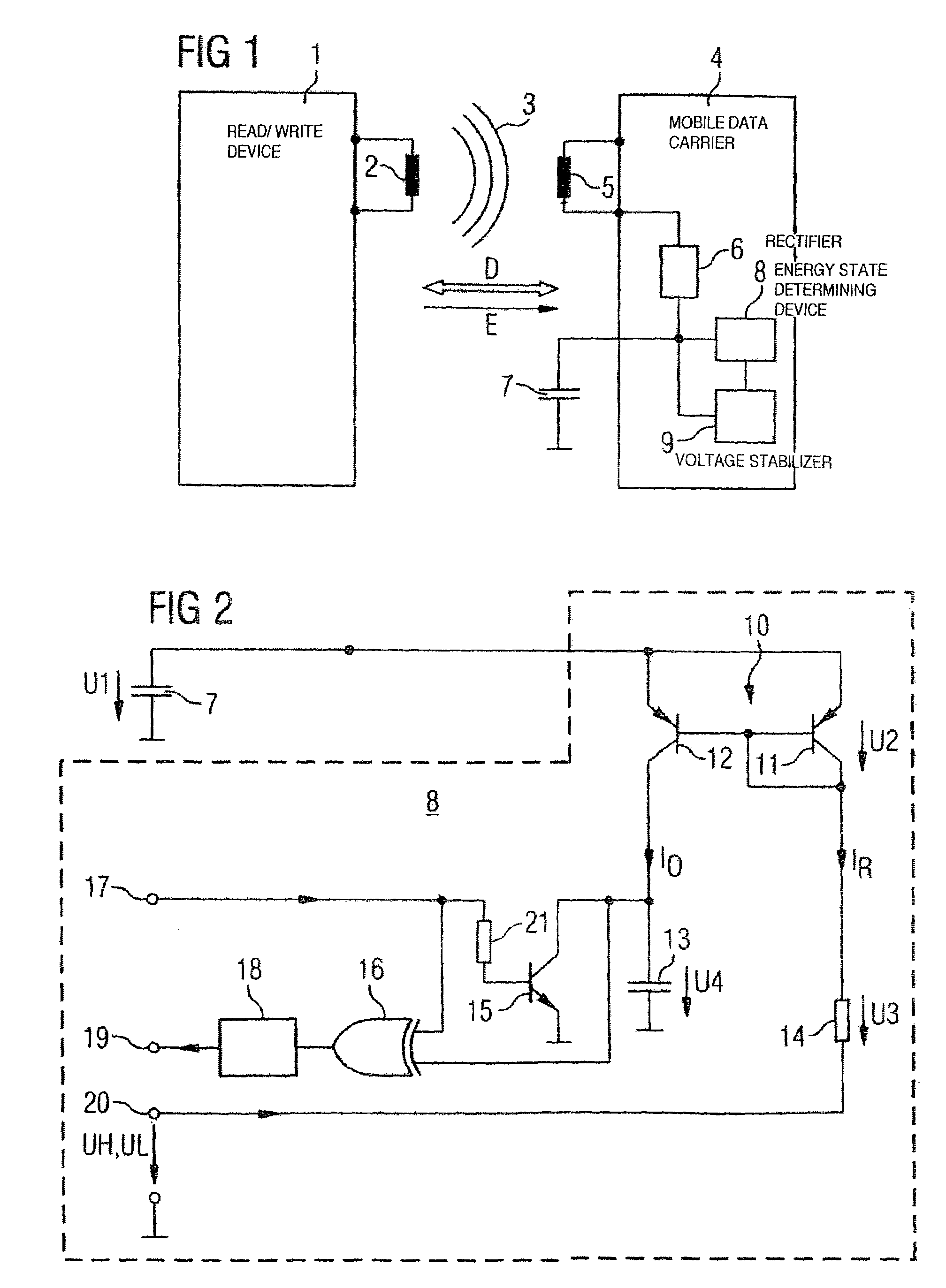 Device for determining the energy state of an energy storing device of a mobile data carrier