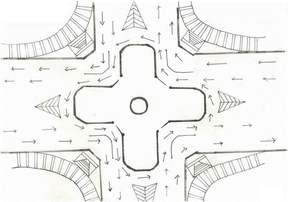 Multiway intersection crossing structure without traffic lights or sidewalks