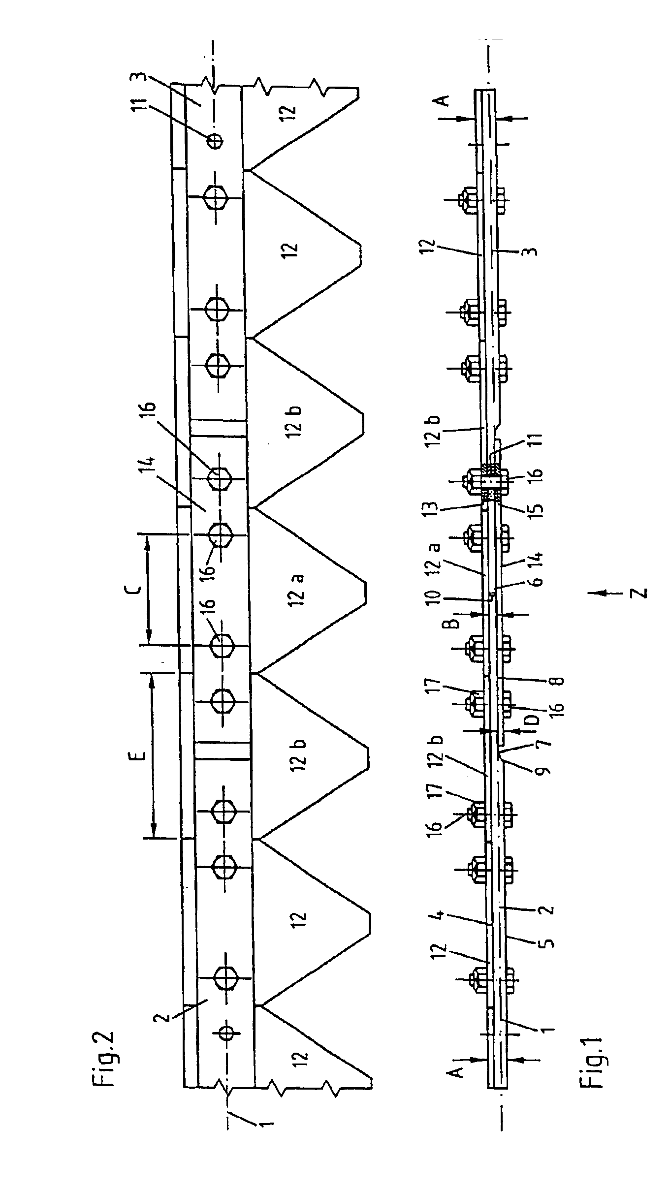 Mowing blade comprising a blade bar composed of bar sections