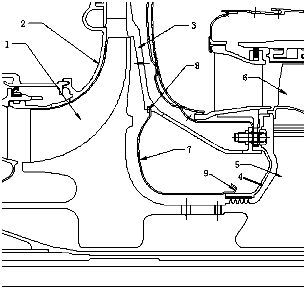 A rotor casing structure inside a rotating disk cavity and an engine including the structure