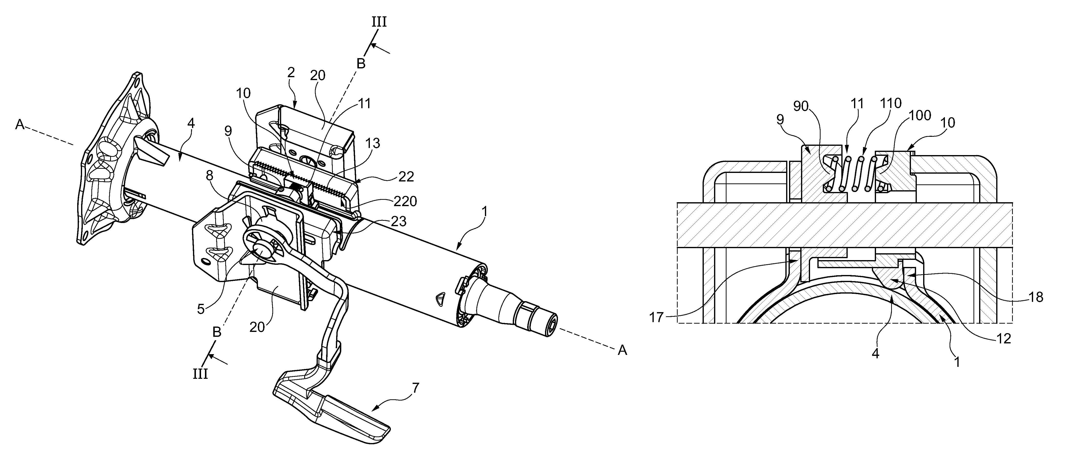 Steering column comprising an improved depth-blocking mechanism