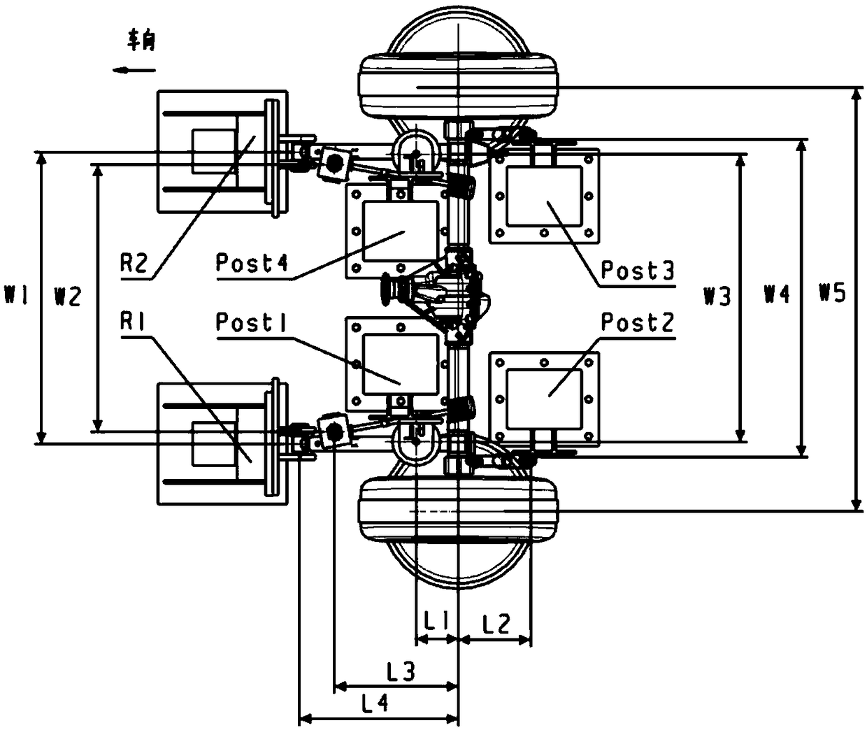 Fatigue endurance test device and method for a multi-link rear suspension axle housing assembly