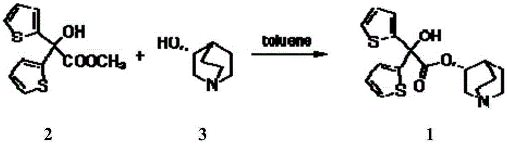 R-2,2-di(2-thienyl)-2-glycolic acid quinine-3-ester and preparation and application thereof