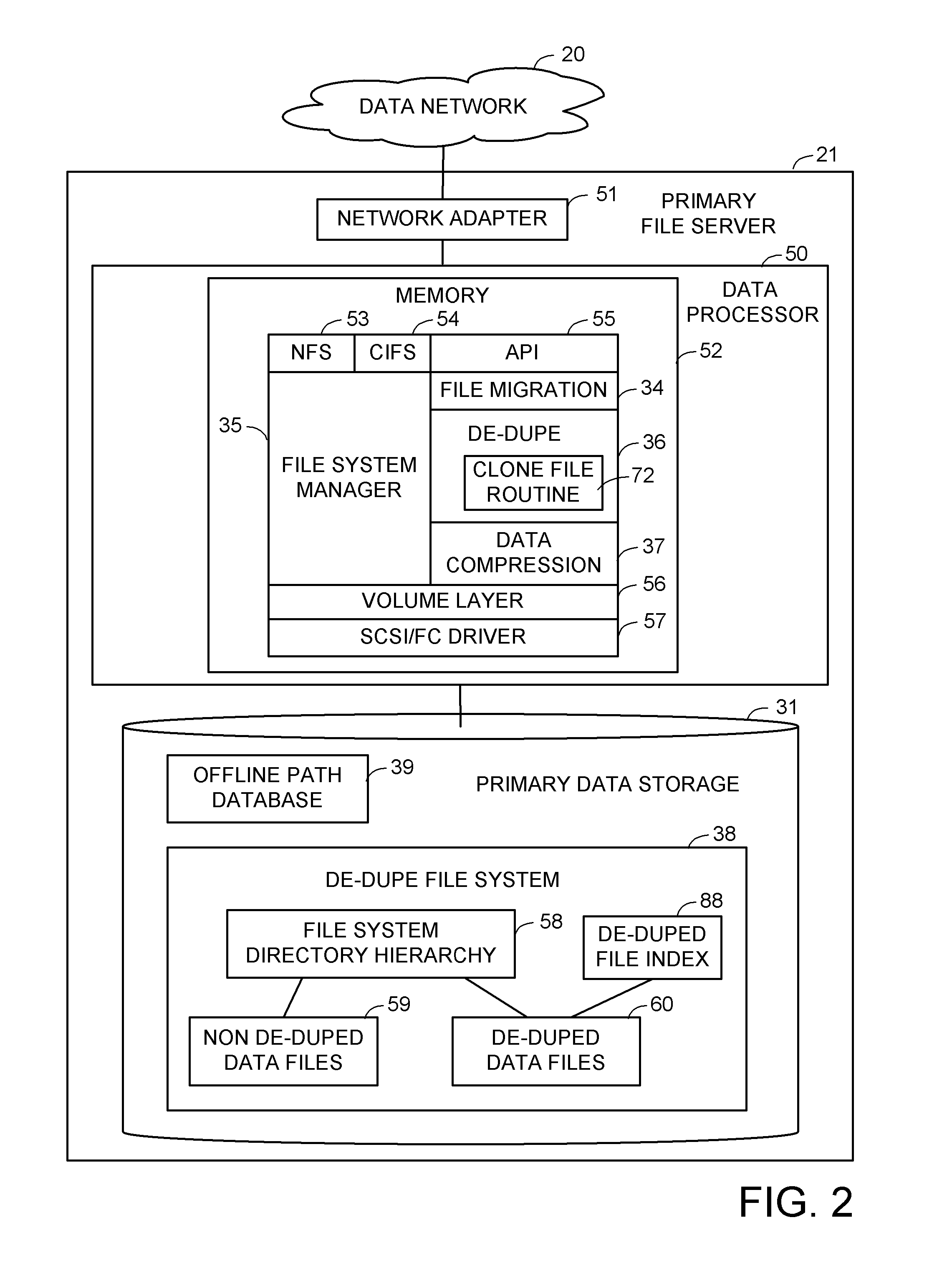 Efficient migration of replicated files from a file server having a file de-duplication facility