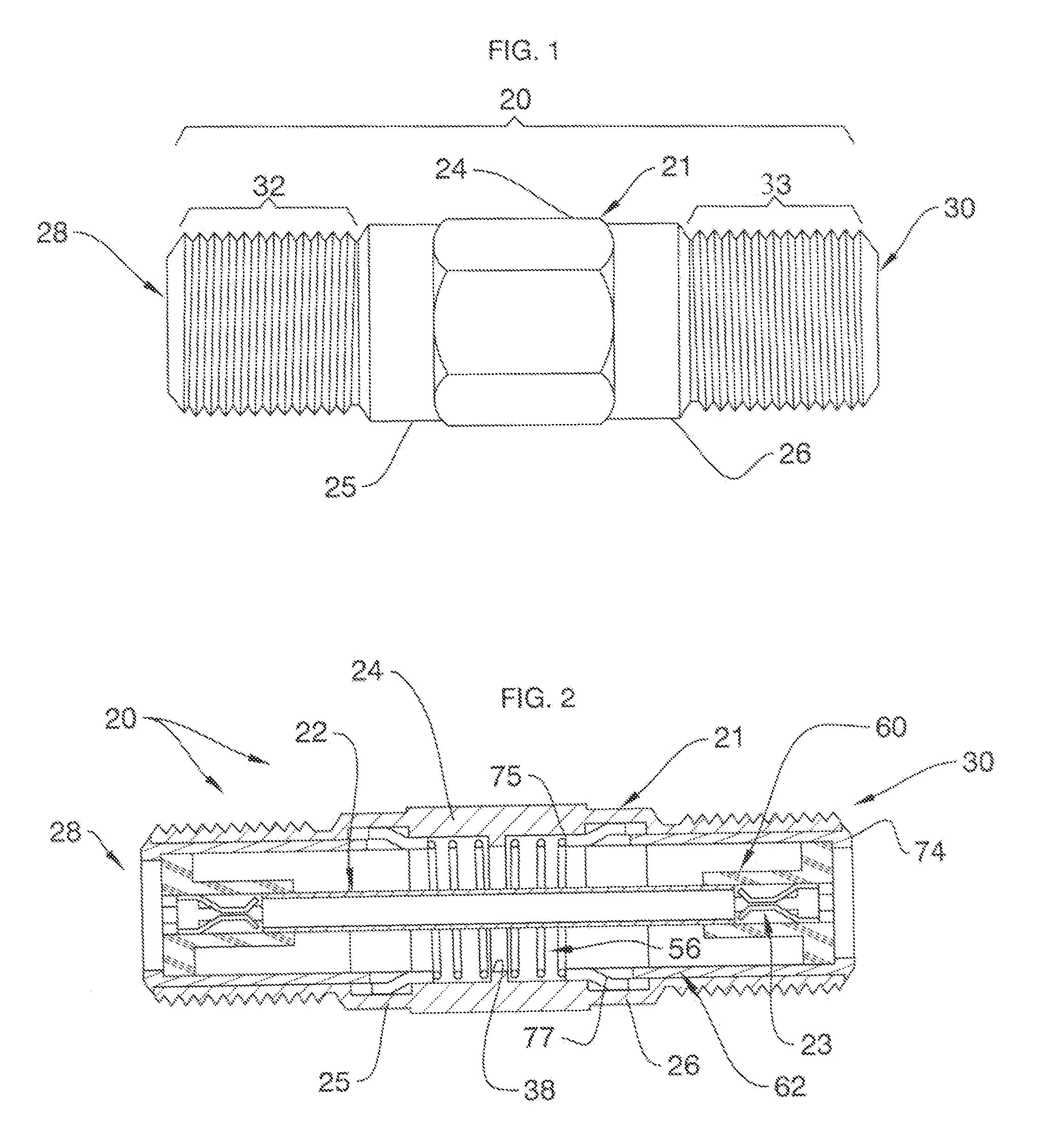Coaxial barrel fittings and couplings with ground establishing traveling sleeves