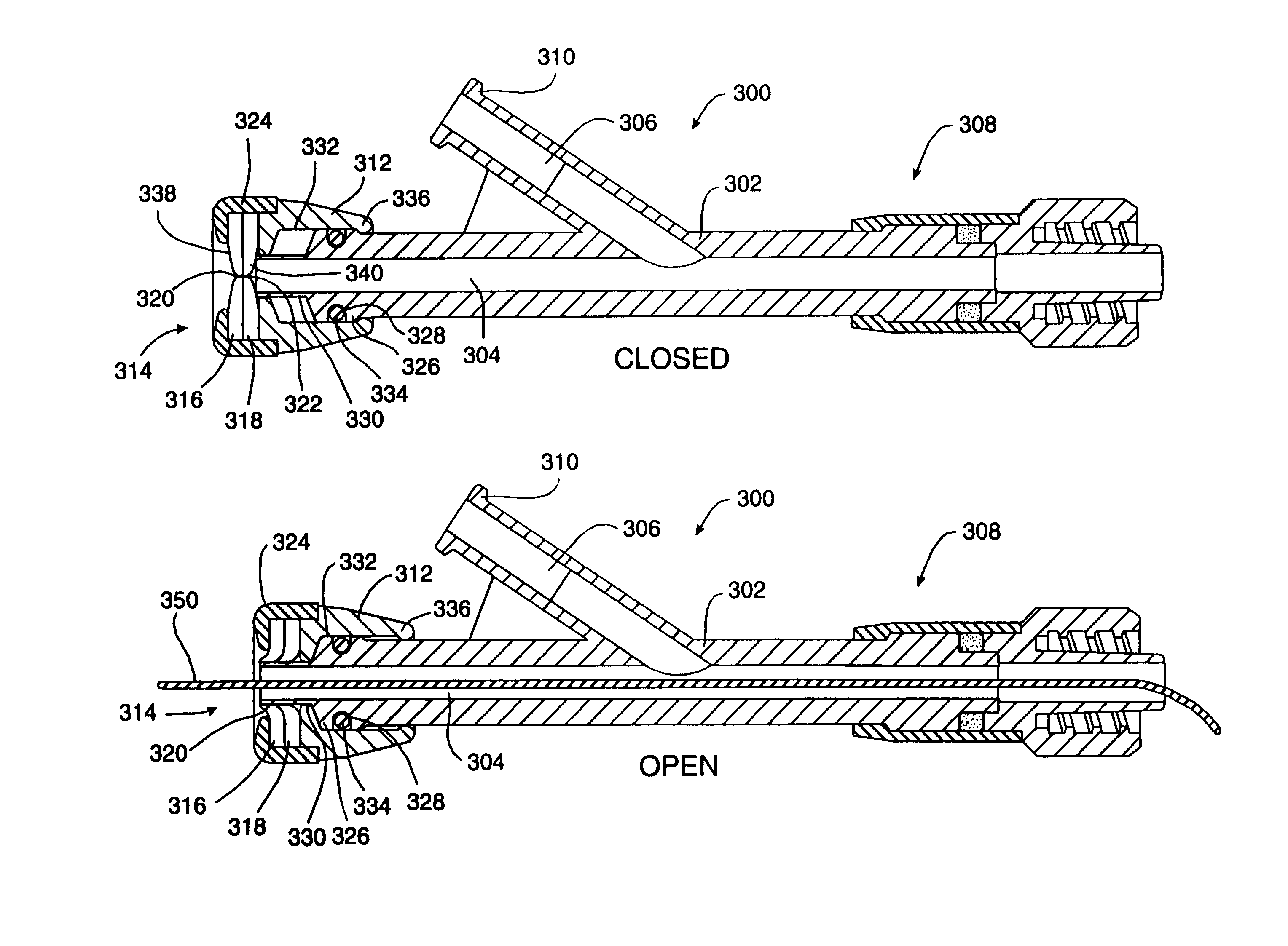 Valved connector with closure operated by axial movement of the valve