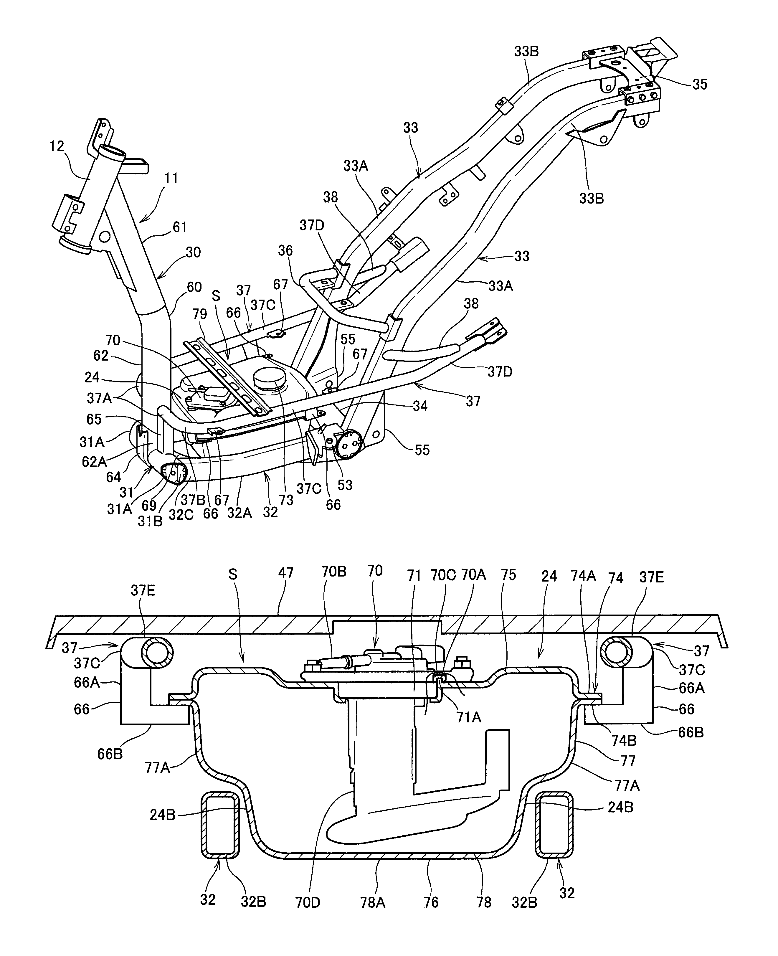 Fuel tank support structure for a saddle-type vehicle, and body frame incorporating the fuel tank support structure