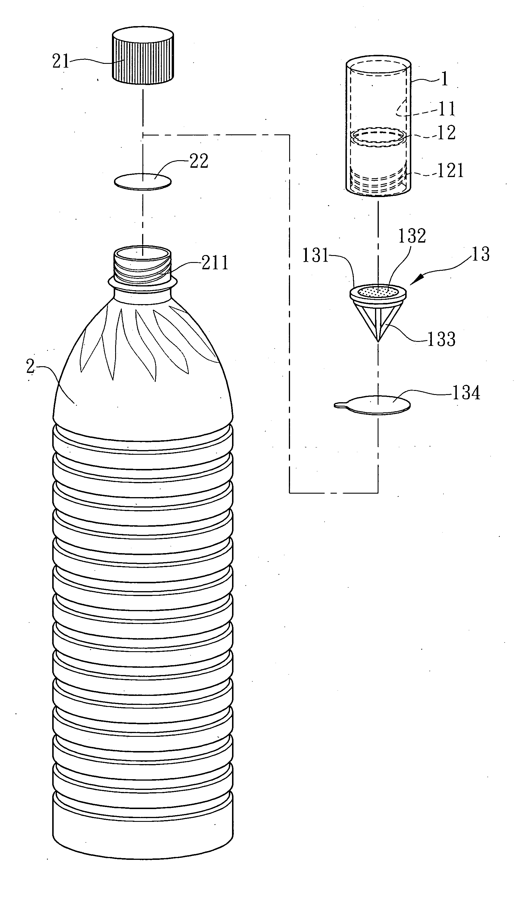 Bottle cap type additive container
