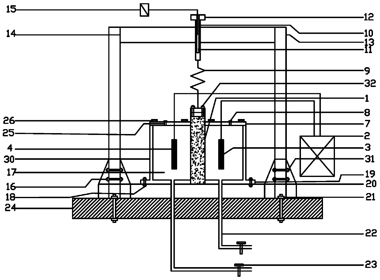 Electric accelerated concrete corrosion test device and method for simulating two-way tension and compression