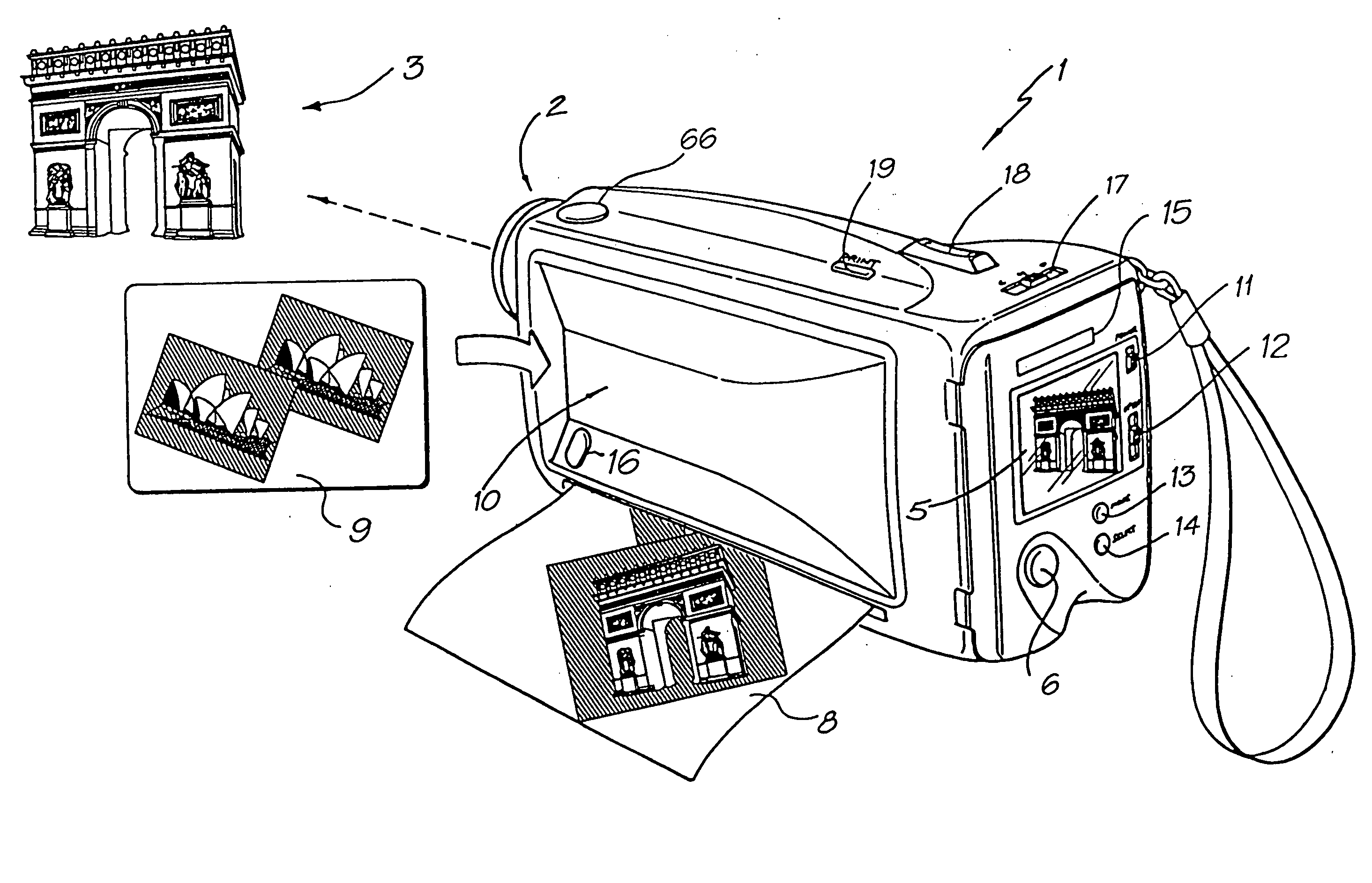 Portable camera with inbuilt printer device
