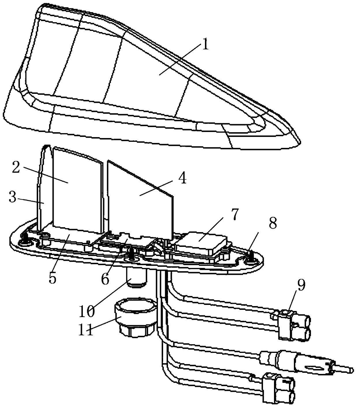 Shark fin antenna with LTE + dual GNSS function