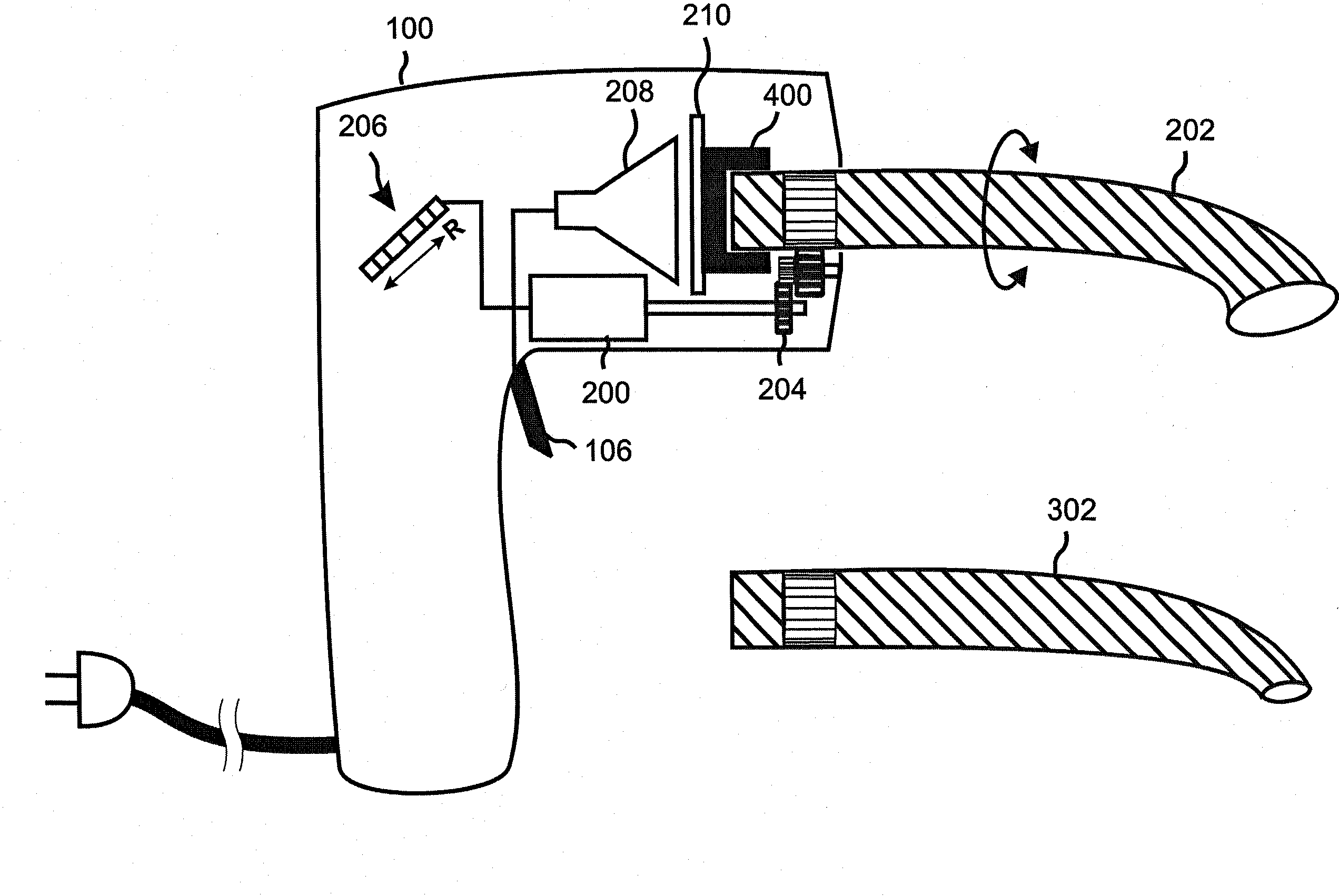 Dental curing tool with automatically rotating light guide