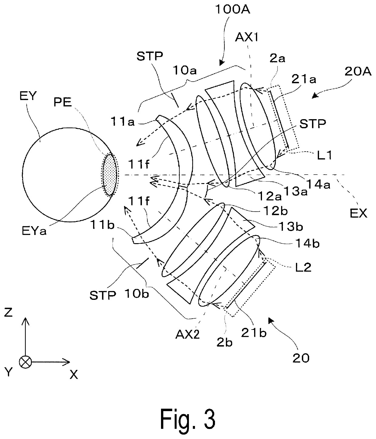 Image display device having ocular optical system causing images to overlap in a blending area