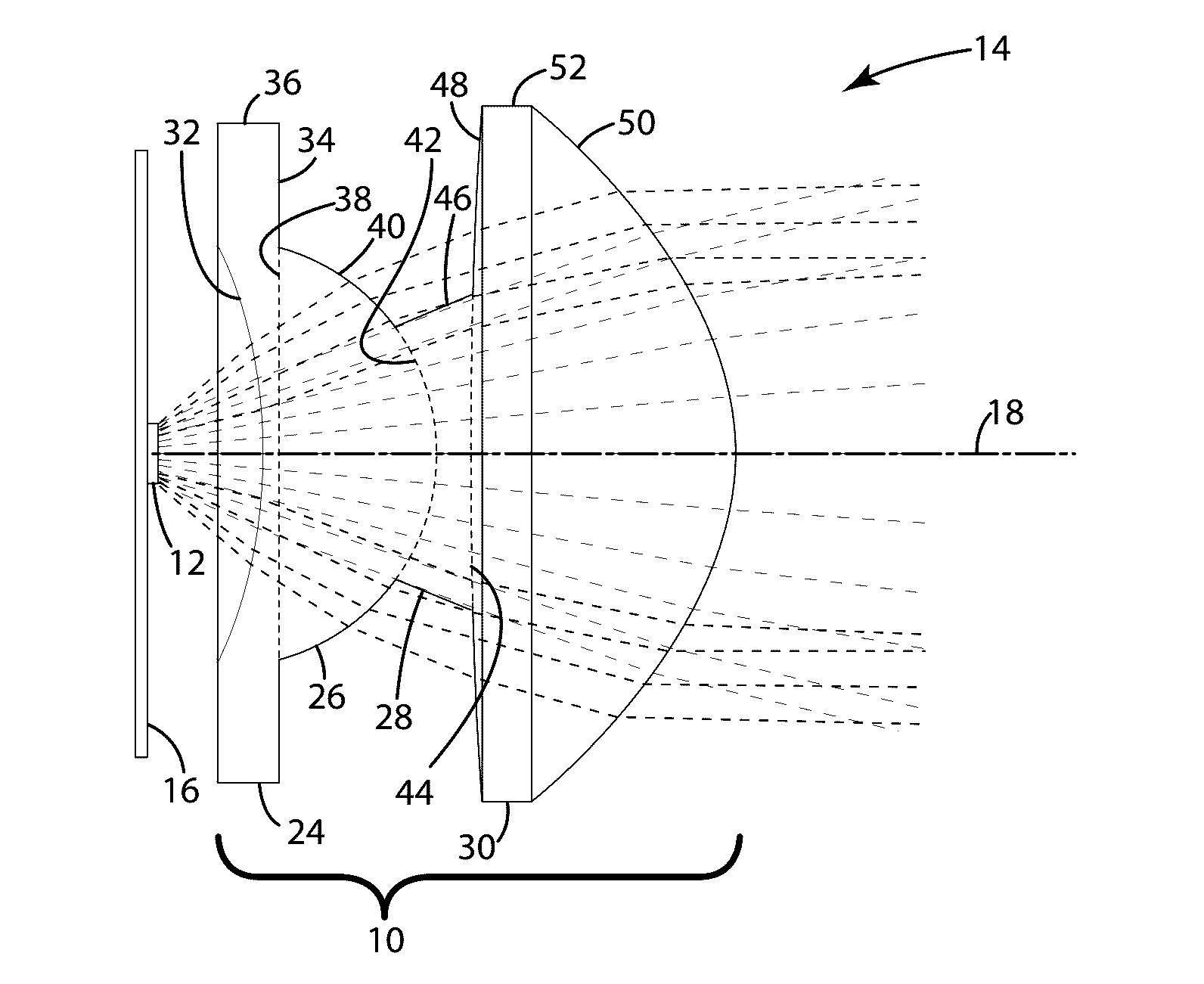 Compound lens for use with illumination sources in optical systems