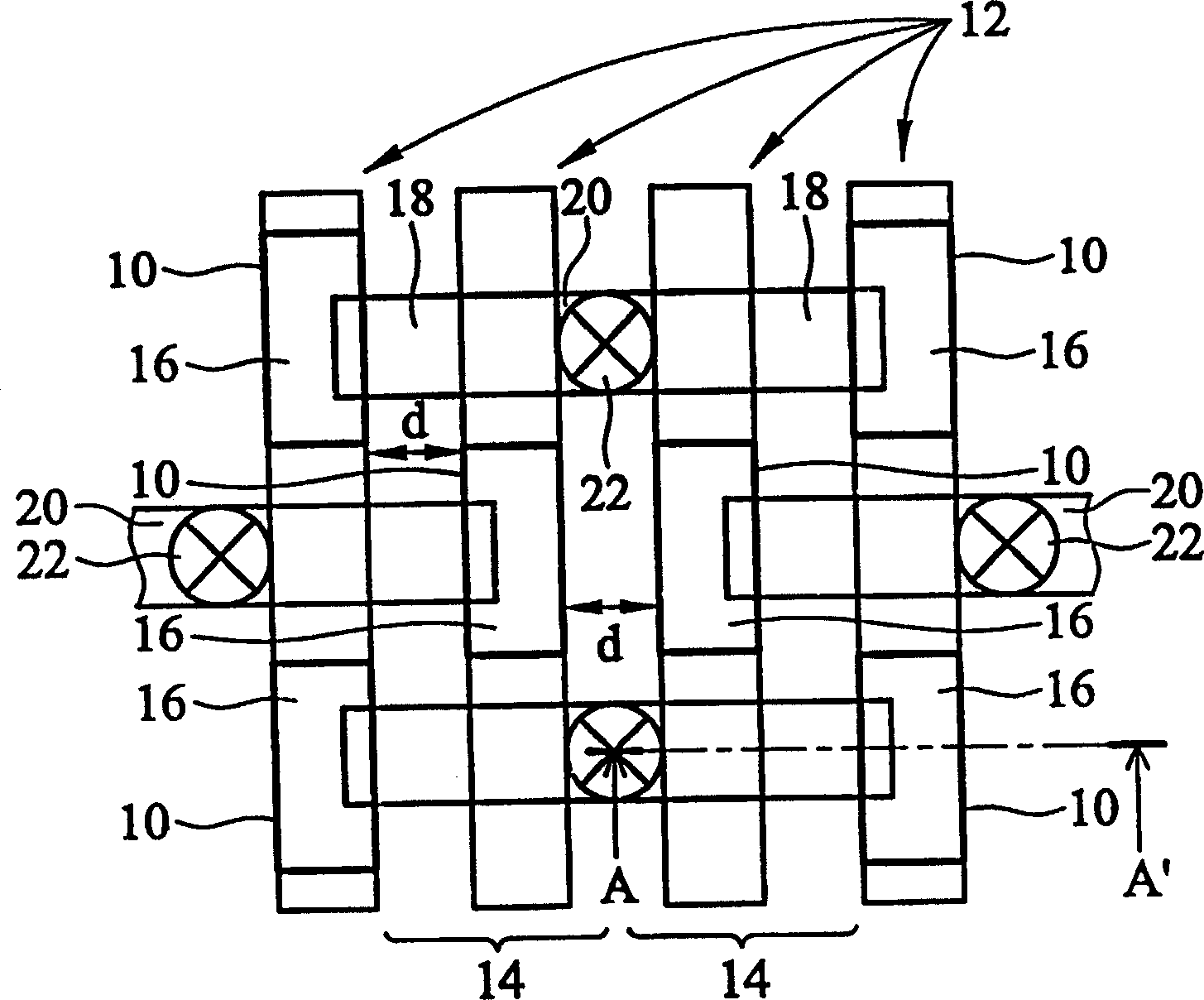 Testing component including work line of memory and capacitor overlaped and offset as well as its testing method