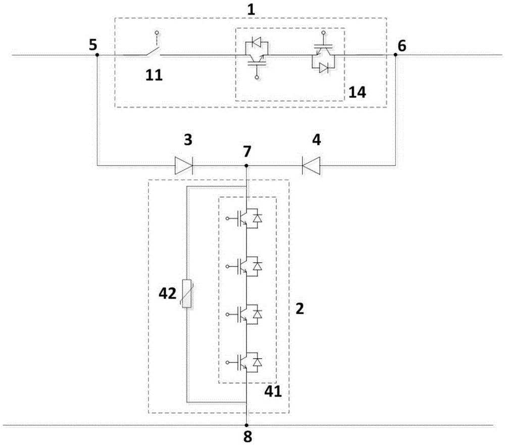 Direct current breaker topology with bidirectional blocking function